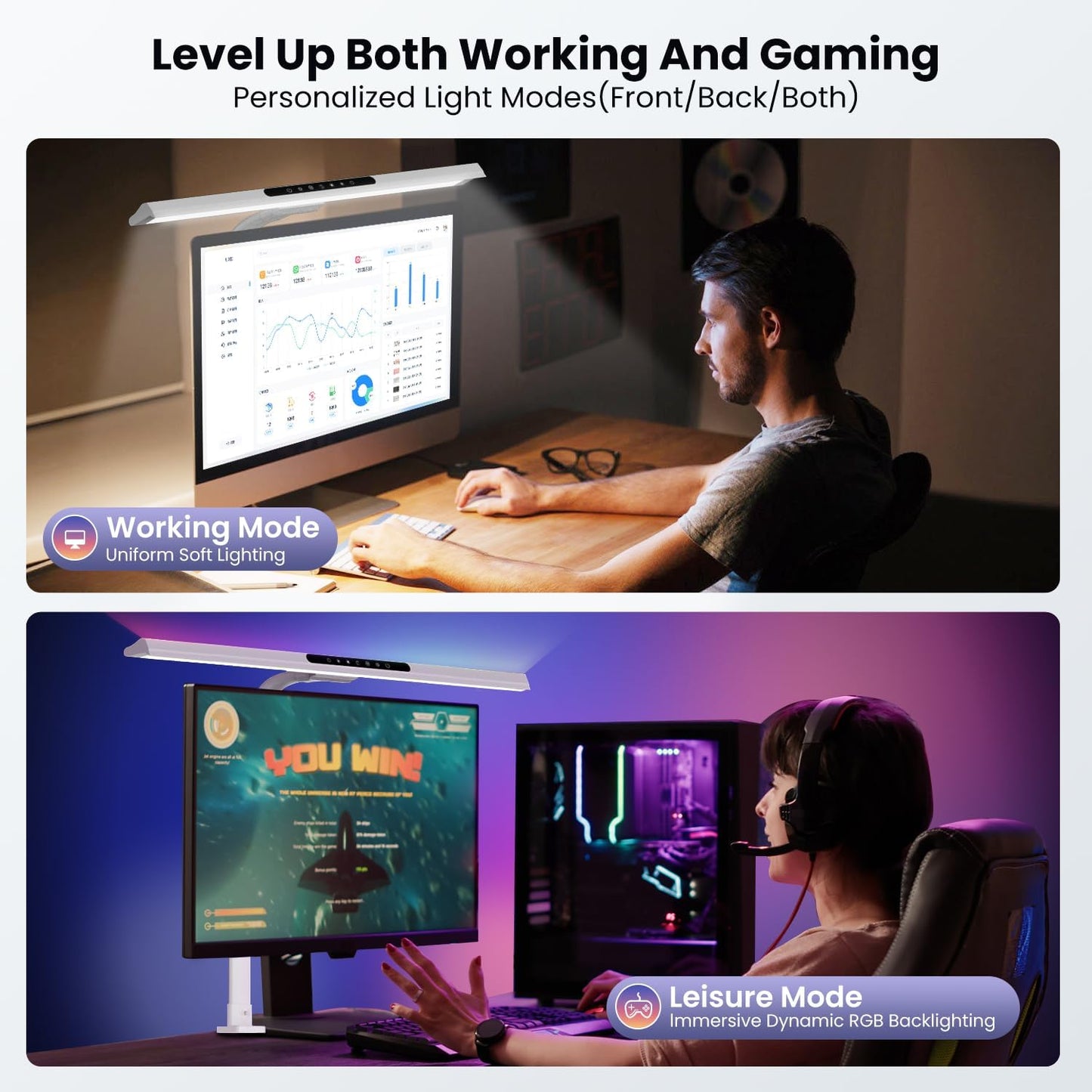 2-in-1 Desk Lamp with RGB Backlight,Architect Desk Lamps for Home Office,24W Tall Desk Lamp with Clamp,60"Timer,25 Lighting Modes,Eye Protection Swing Arm Lamp for Home/Office/Gaming/Study