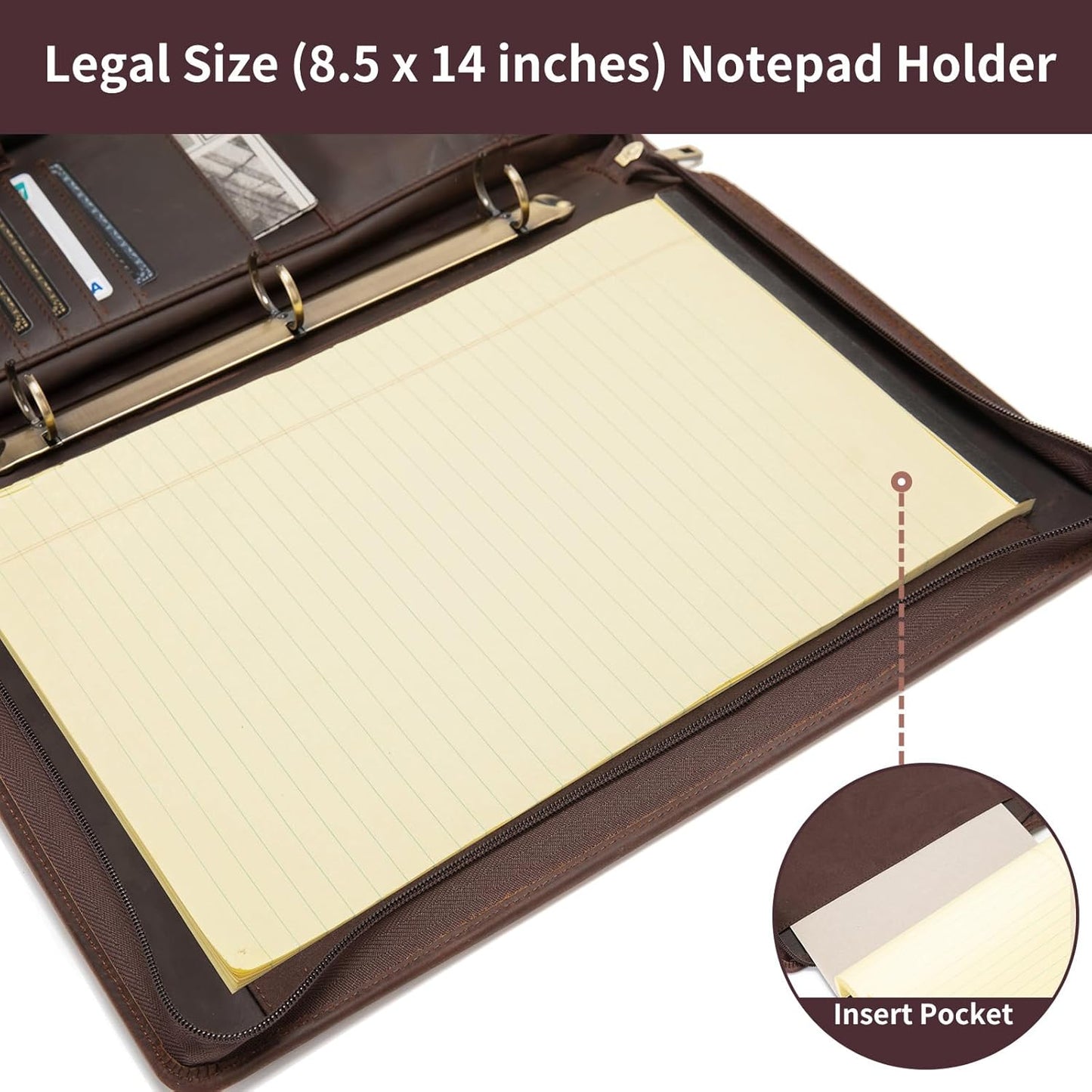 Vegan Leather 3 Ring Binder Portfolio, 8.5 x 14 Legal Size Pad Holder, Hidden Handle, Zippered Padfolio with 15” Laptop Organizer, Professional Business Folio for Men Women, Black