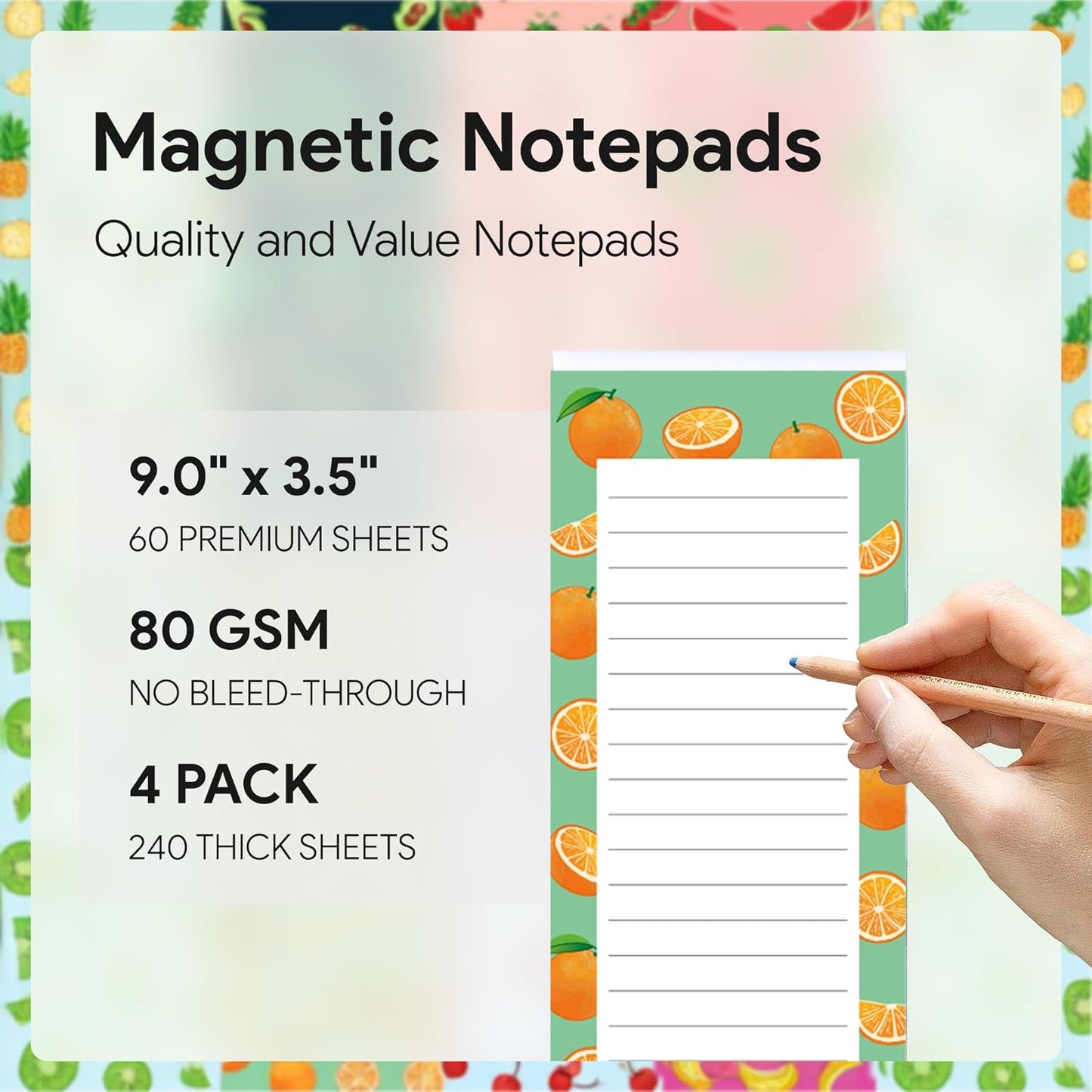 Magnetic Notepads – Notepads for Grocery List, Shopping List, To-Do List, Reminders -Strong Magnetic Back- Memo Notepad | 4 pack Large | Fruit Style 2