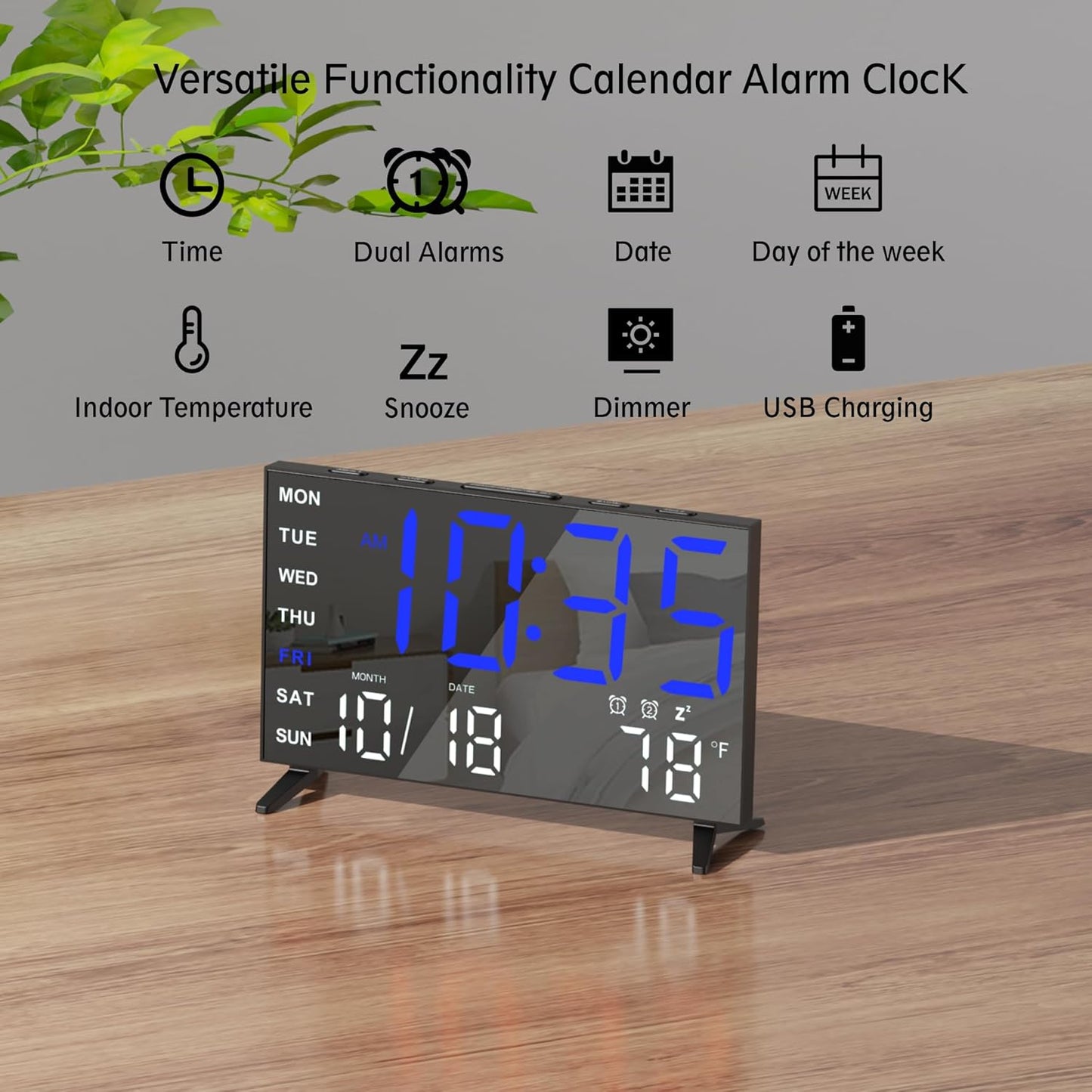Mirror Digital Loud Alarm Clock with with Date,Indoor Temperature,USB Charging Port,Dimmer,Dual Alarms,Adjustable Volum,12/24H, Snooze, Perfect for Bedroom and Living Room (Black+Blue Digit)