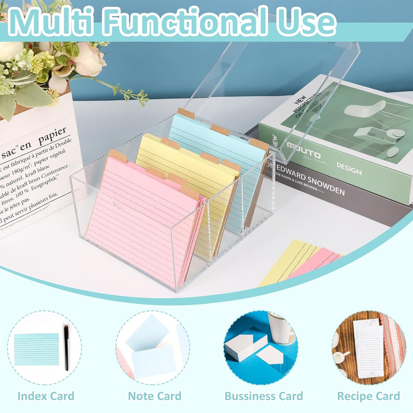 4x6 Index Card Holder Acrylic Index Card Organizer Clear Index Card Box Flash Card Holder with 5 Index Card Dividers Recipe Cards Holder Notecard Storage Box 150 Ruled Cards Stickers For Office Desk