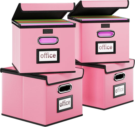 Huolewa Portable Leather File Organizer Boxes with Lids, Office Document Boxes Organizer, Filing Boxes, Decorative Small File Boxes for Hanging Files, File Cabinet for Office/Home - 4 Pack
