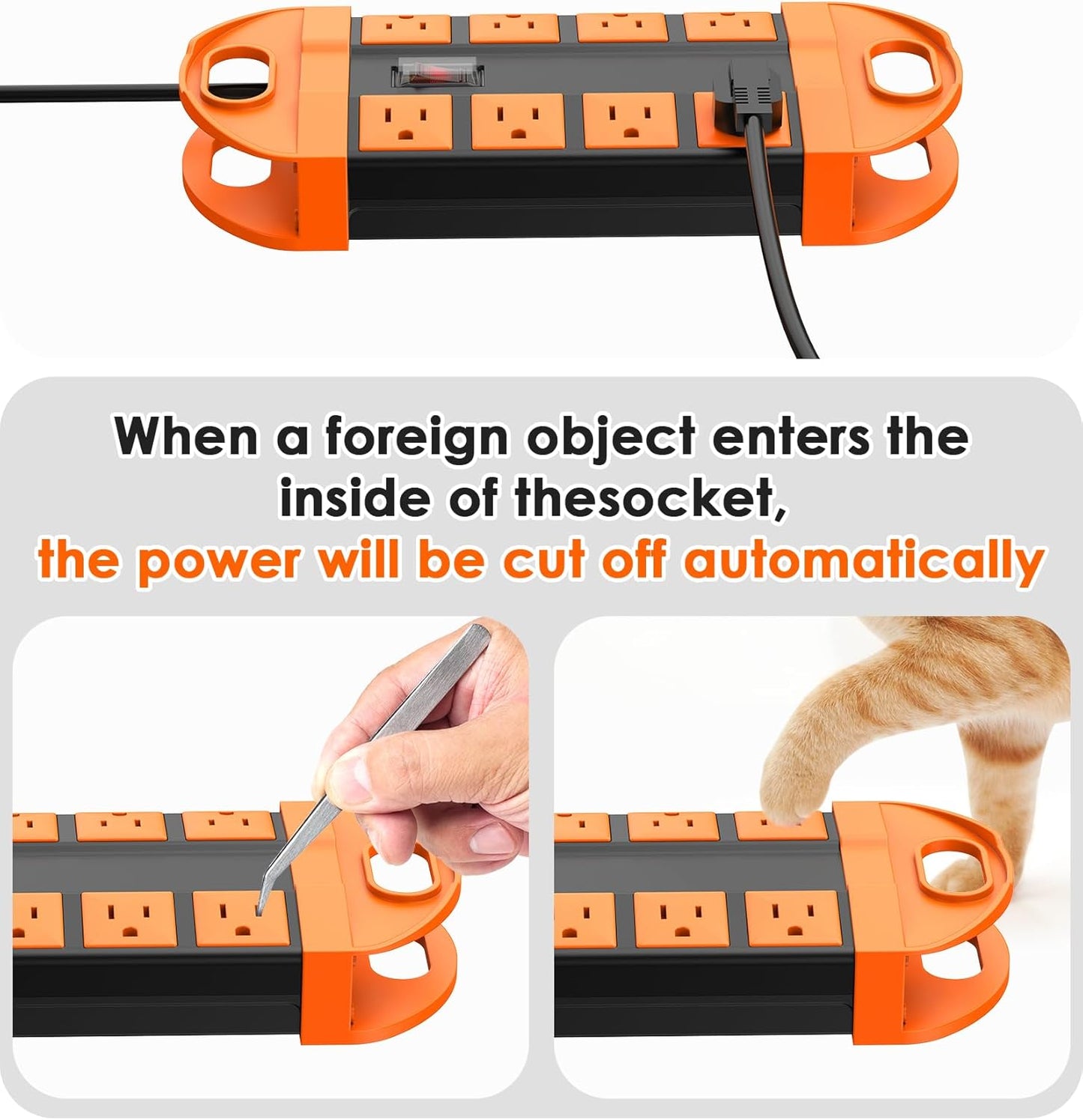 CCCEI Outdoor Power Strip Weatherproof with 8 Plug, Waterproof Extension Cord with Multiple Outlets, Christmas Exterior Garden Yard Surge Protector 15FT, Orange.