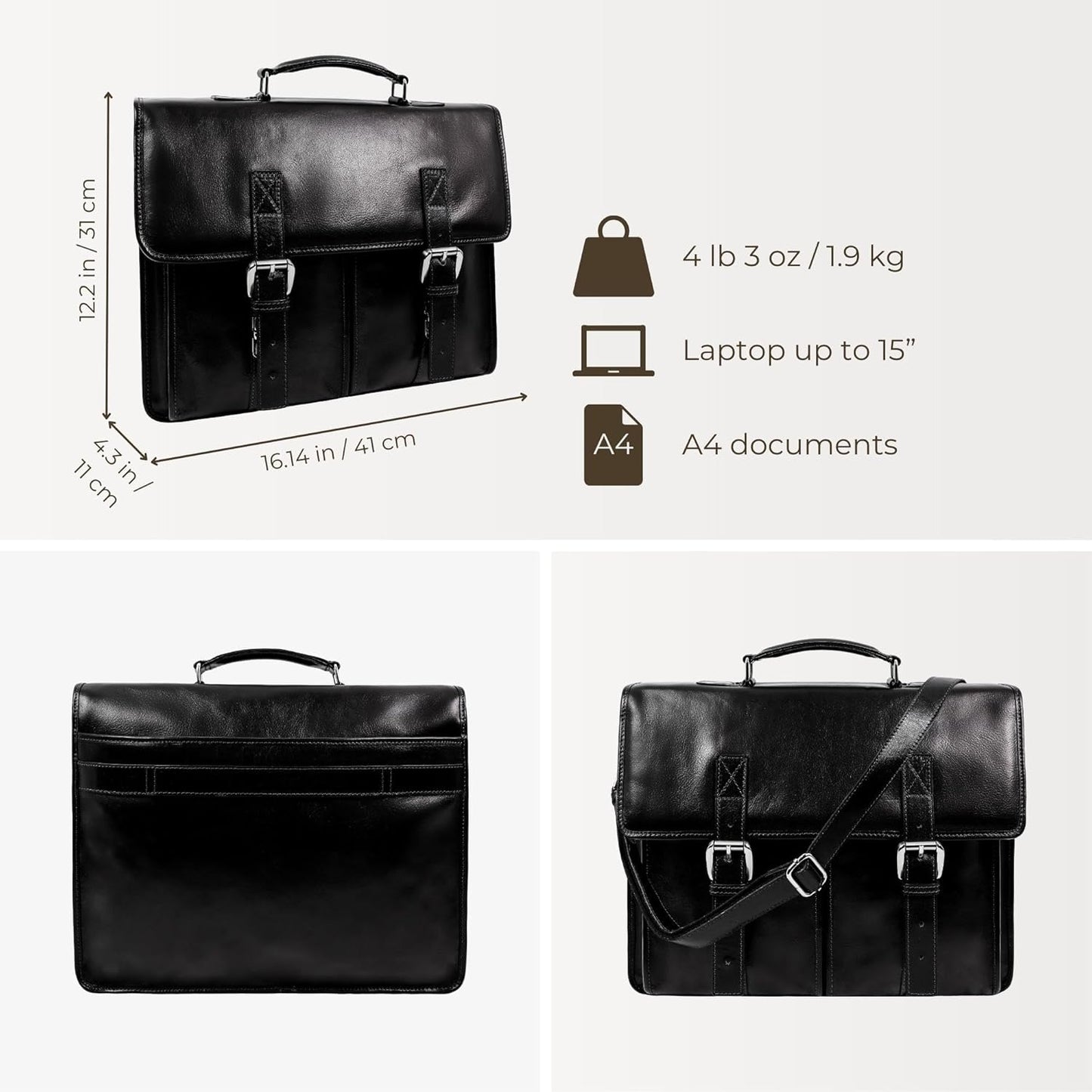 Time Resistance Leather Briefcase for Men Handcrafted in Italy Full Grain Messenger Bag for Laptop
