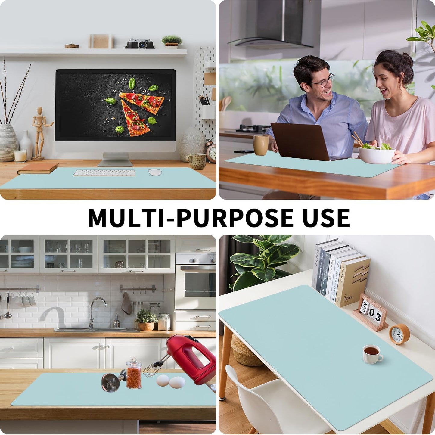 Bloss Light Blue Desk Mat, Large Mouse Pad, Leather Desk Blotter, Waterproof Desk Pad for Office Home Decor/31.5×15.7 Inch