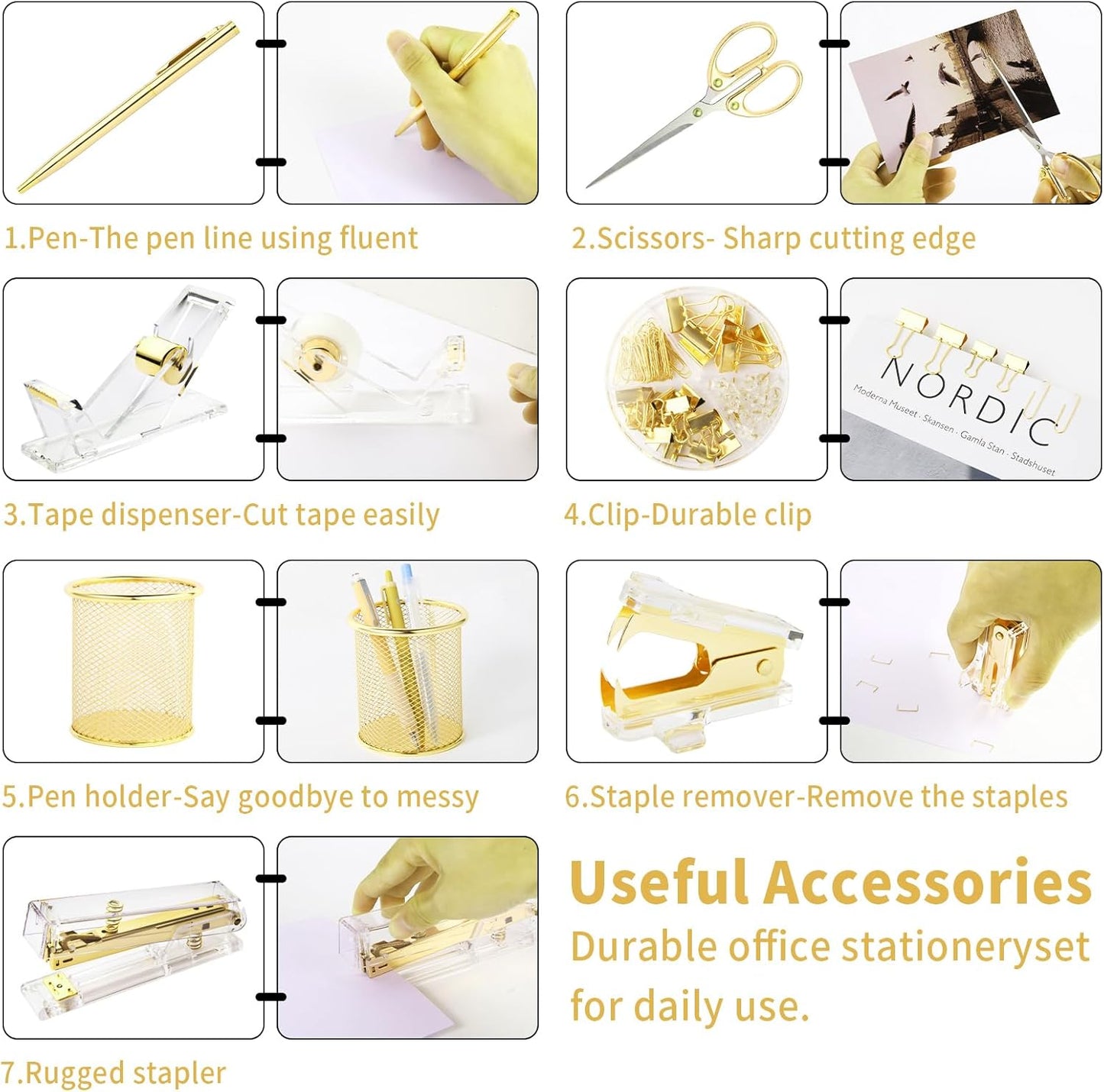 Gold Desk Accessories, Office Supplies Set with Acrylic Stapler, Tape Dispenser, Staple Remover, Pen Holder, Scissor, Binder Paper Clips, 1 Ballpoint Pen, 1 Clear Tape and 1000pcs Staples