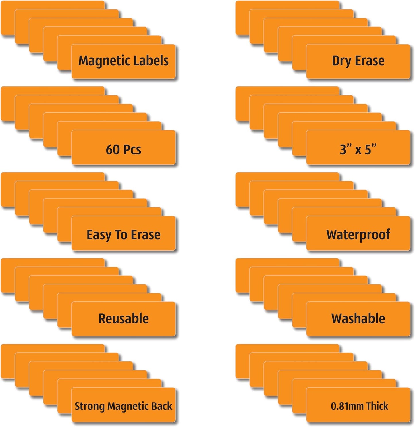 Magnetic Dry Erase Magnets Labels 3x1 inches, Reusable Name Tags, Organizing Schedules in Office/Classroom. Work on Fridge/White Board (Orange 60Pcs)