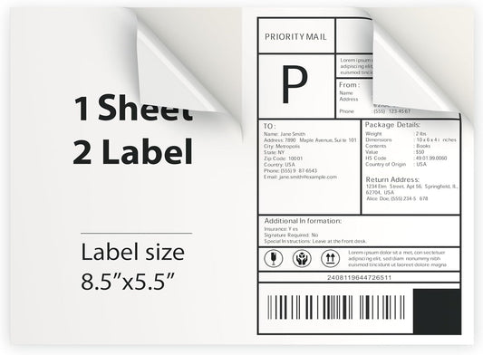 100 Sheet (200 Labels) | 8.5" x 11" 2 UP Half Sheet Self Adhesive Shipping Labels for Laser & Inkjet Printers | Ecommerce, Address, Mailing, Labeling, Packaging