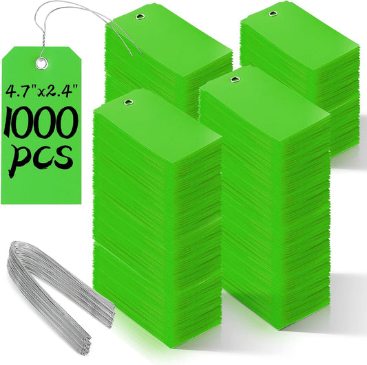 1000 Pieces Plastic Shipping Tags with Wire Labeling Tags Waterproof Hang Tags with Reinforcement Hole Writable Luggage tag Loops for Equipment Inventory Parts Garage (Green, 4 3/4" x 2 3/8")