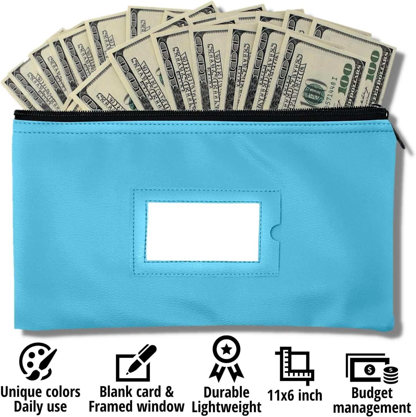 Money Bank Deposit Bag with Zipper | 11x6 inch | Light Blue | Durable Leatherette Money Cash Coin Check Wallet Pouch for Men & Women with Framed ID Window and Blank Card | by GIDABRAND (1)