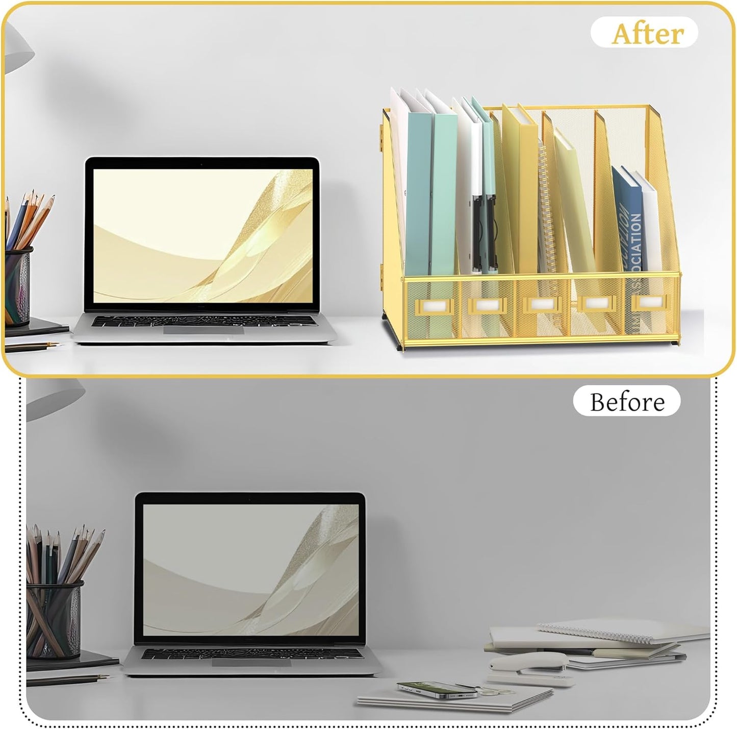 SUPEASY Desk Organizers Metal Desk Magazine File Holder with 5 Vertical Compartments Rack File Organizer for Office Desktop, Home Workspace, Gold