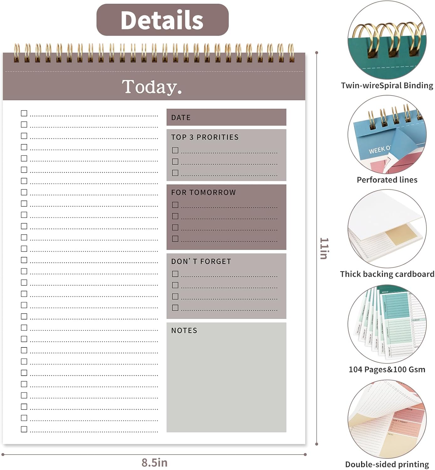 To Do List Notepad, 52 Undated Sheets （8.5"×11"）Duplex-printed Daily Planner For Work Home School Office Desk Accessories Supplies & Goal Setting Tasks- Brown