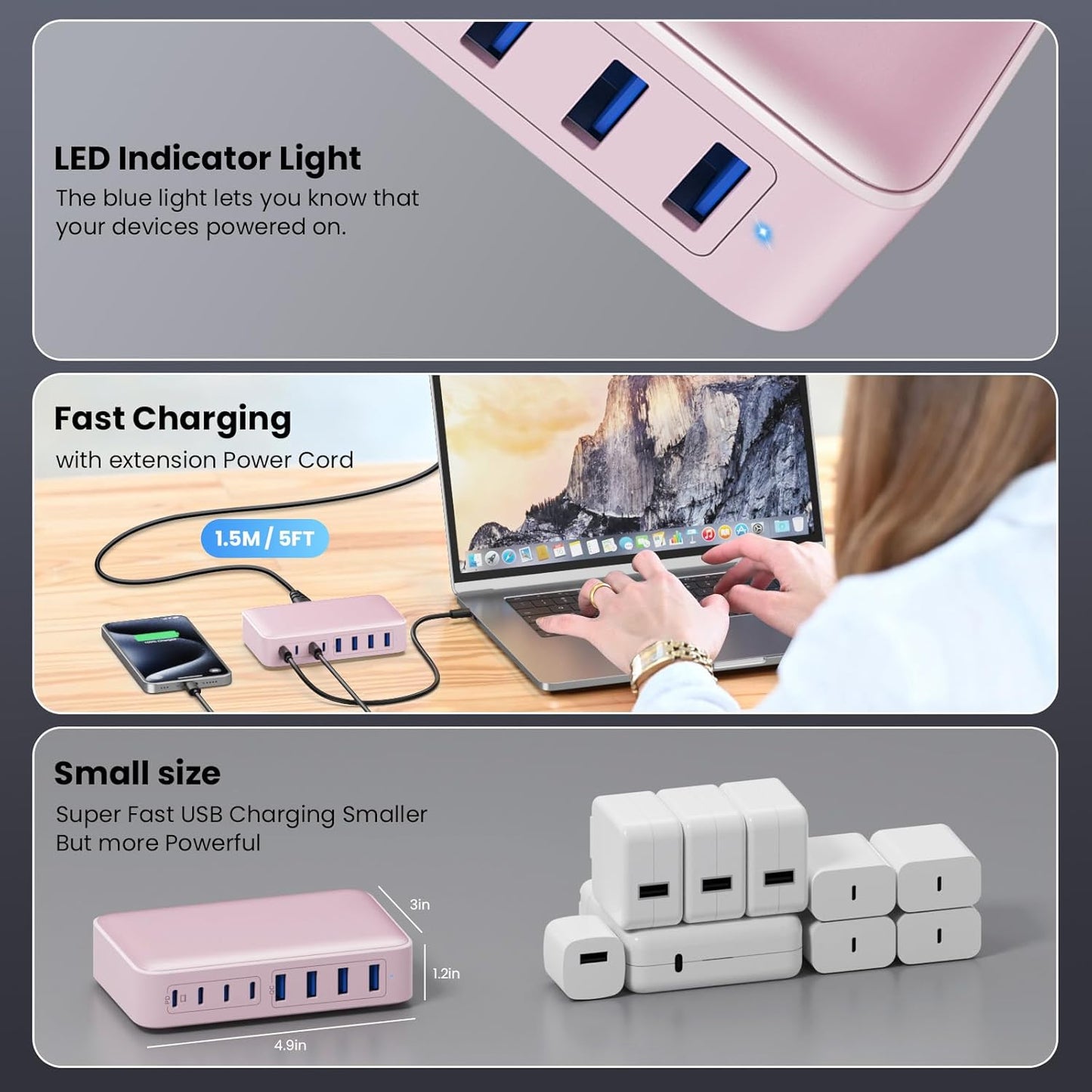 USB C Charger 200W USB C Charger Block,Upgraded GaN III 8-Port Fast Charging Station Hub,PD 65W Laptop Charging Adapter Compatible with MacBook Pro/Air,DELL,Steam Deck,iPhone 16/15/14,Galaxy S23/22