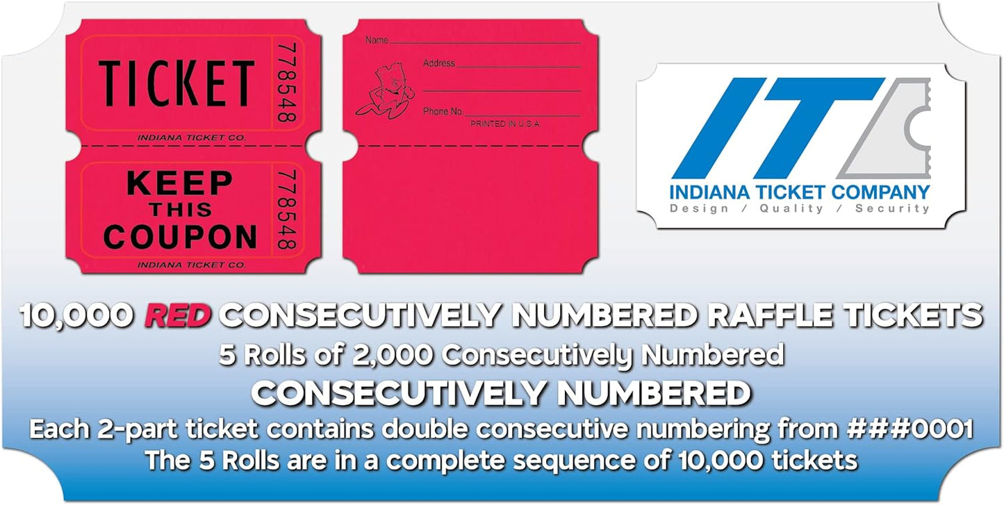 INDIANA TICKET CO. 10,000 Red CONSECUTIVELY Numbered Raffle Ticket Roll. 5 Rolls of 2,000, for Classroom Rewards, Events, Fundraisers, Door Entry, Raffles, Prizes, Drink/Food Tickets, & More
