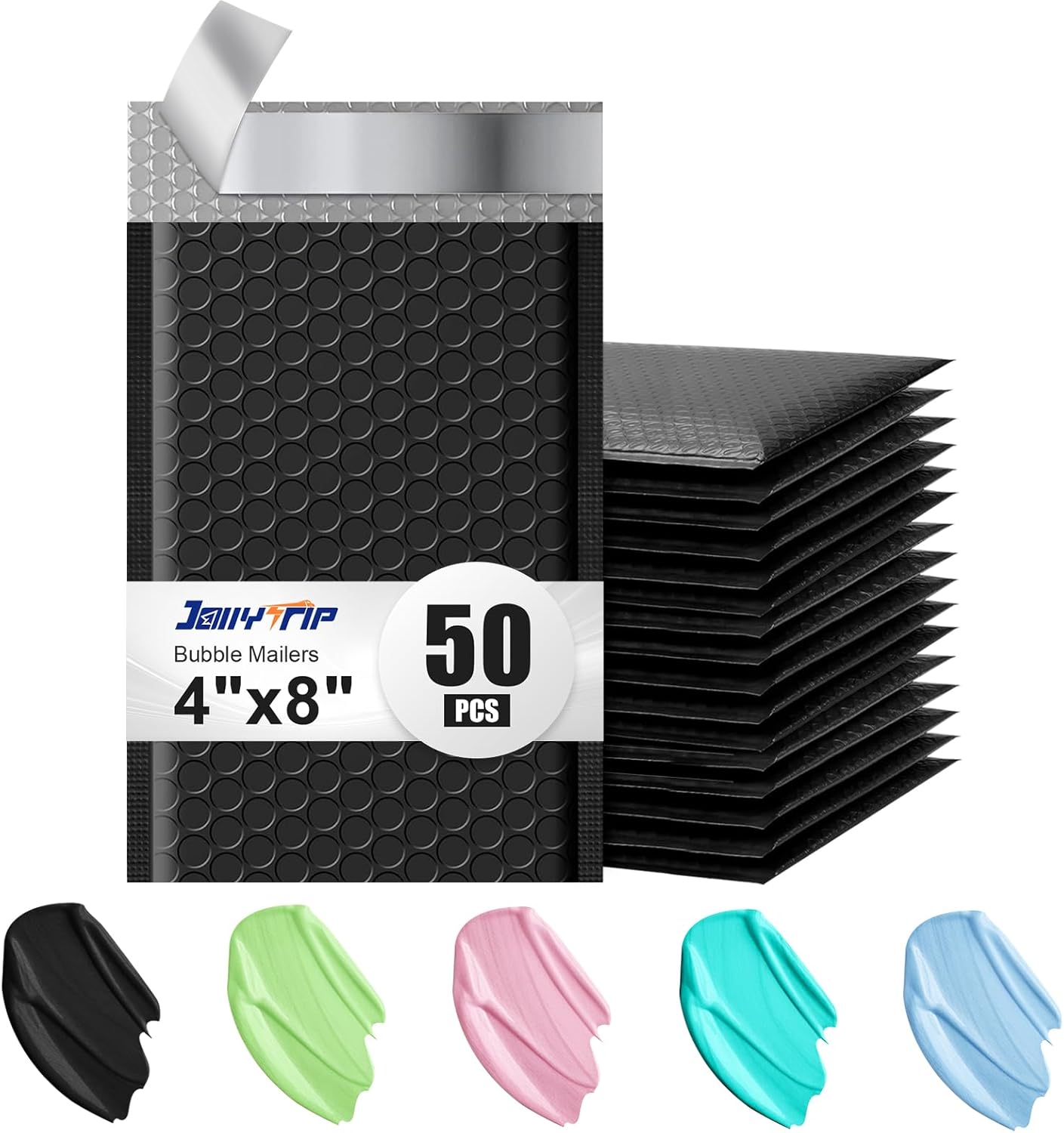 Poly Bubble Mailers 4x8 Padded Envelopes #000 50pcs, Self Seal Shipping Envelopes Padded Packaging for Small Business (Black)