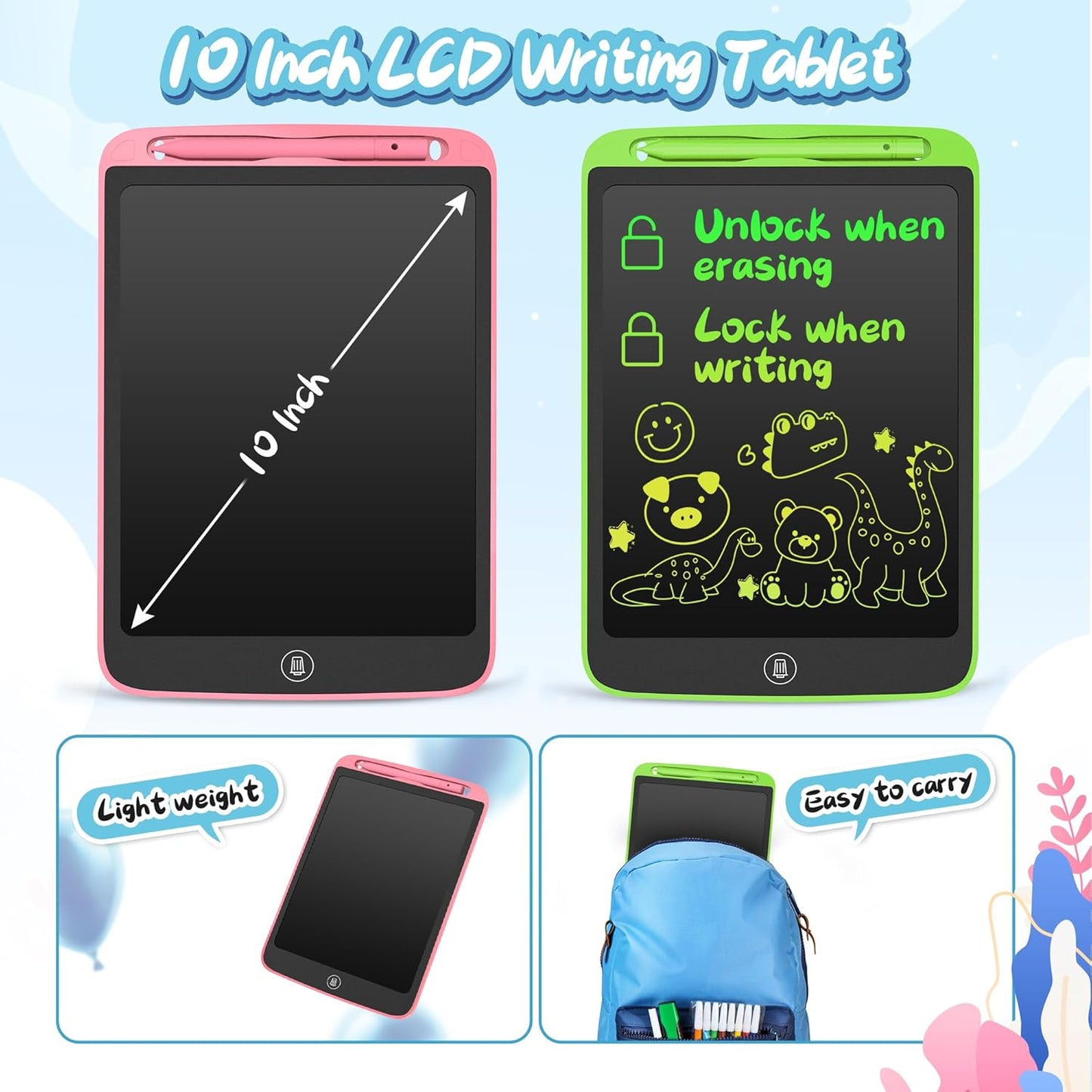 SOOOO LCD Writing Tablet for Kids 10 Inch, 2 Pack Colorful Doodle Board for 3 4 5 6 7 8 9 10 Year Old Kids, Sensory Toys Educational Sketch Pad Toys for Toddler Girls Boys Learning (Green+Pink)