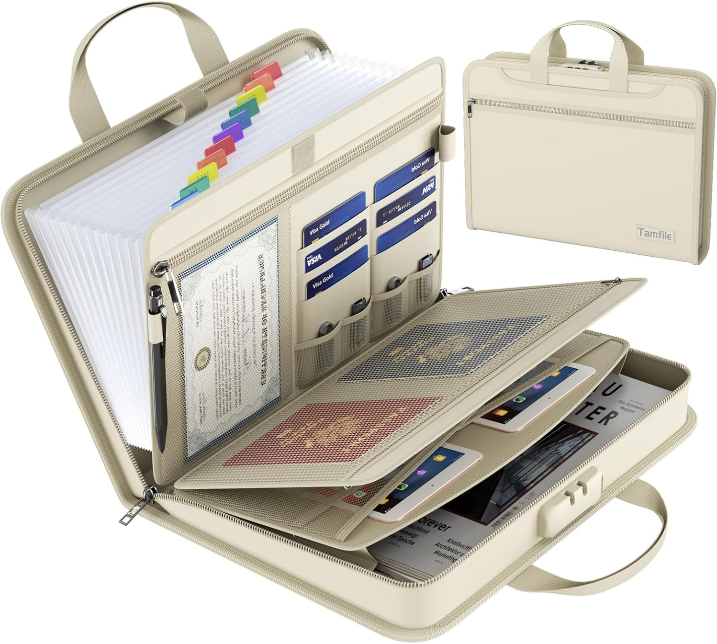 5200℉ Fireproof Accordion File Organizer with Lock, Thickened Document Organizer 13 Pocket with Zipper & Labels, Important Document Organizer, Expanding File Folder with Handle for Letter A4 (Beige)