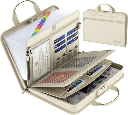 5200℉ Fireproof Accordion File Organizer with Lock, Thickened Document Organizer 13 Pocket with Zipper & Labels, Important Document Organizer, Expanding File Folder with Handle for Letter A4 (Beige)
