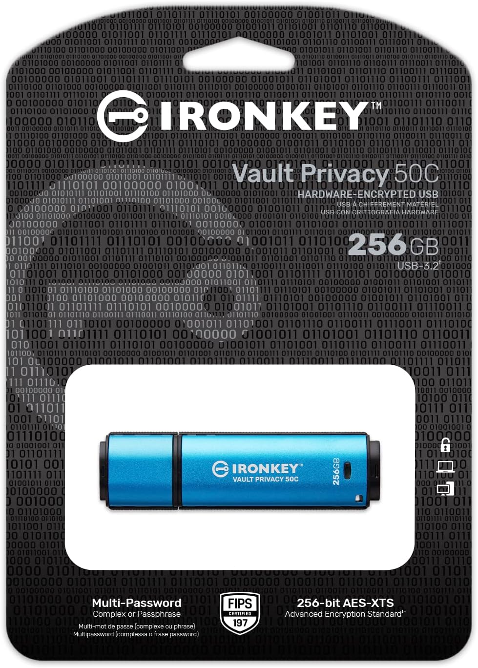 Kingston Ironkey Vault Privacy 50 USB-C 256GB Flash Drive | FIPS 197 Certified | XTS-AES 256-bit | BadUSB and Brute Force Protection | Mult-Password Option | IKVP50C/256GB