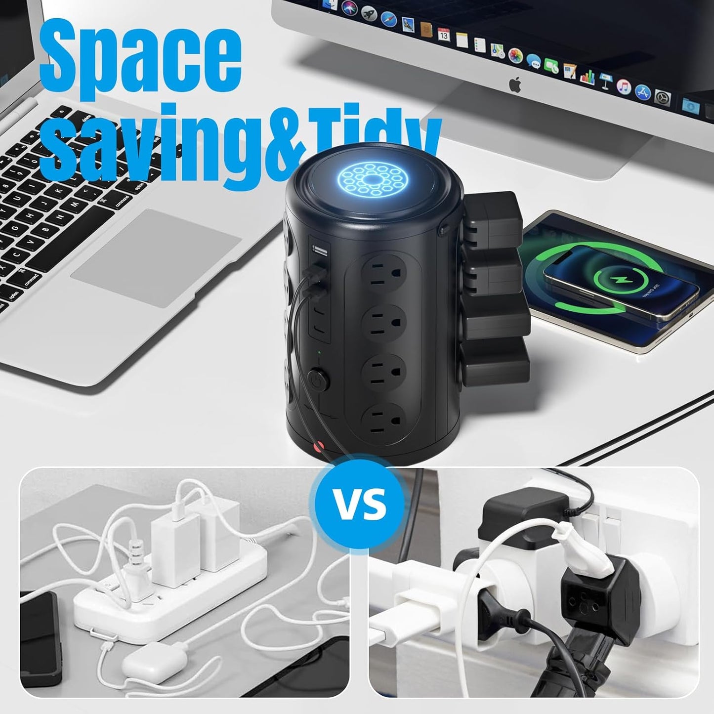 Power Strip Tower Surge Protector with 16 Outlets and 5 USB Ports (2 USB-C), 15FT Extension Cord with Multiple Outlets,Heavy Duty Charging Station,Home Office Dorm Room Essentials.