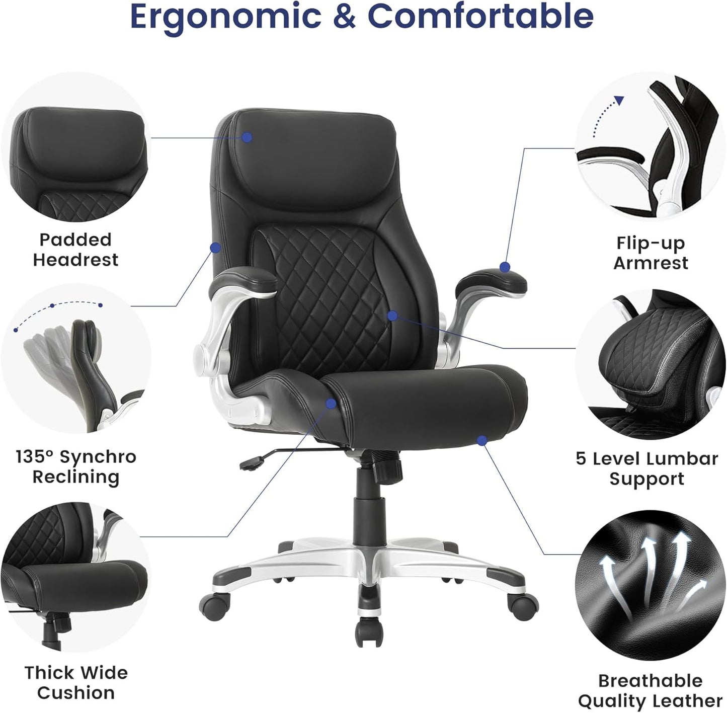 Nouhaus Ergonomic Office Chair Premium Microfiber Leather Adjustable Lumbar Support & Armrests, High Back Comfy Desk Gaming Chairs Executive Computer Swivel Chair Tilt Function(Posture,Black)