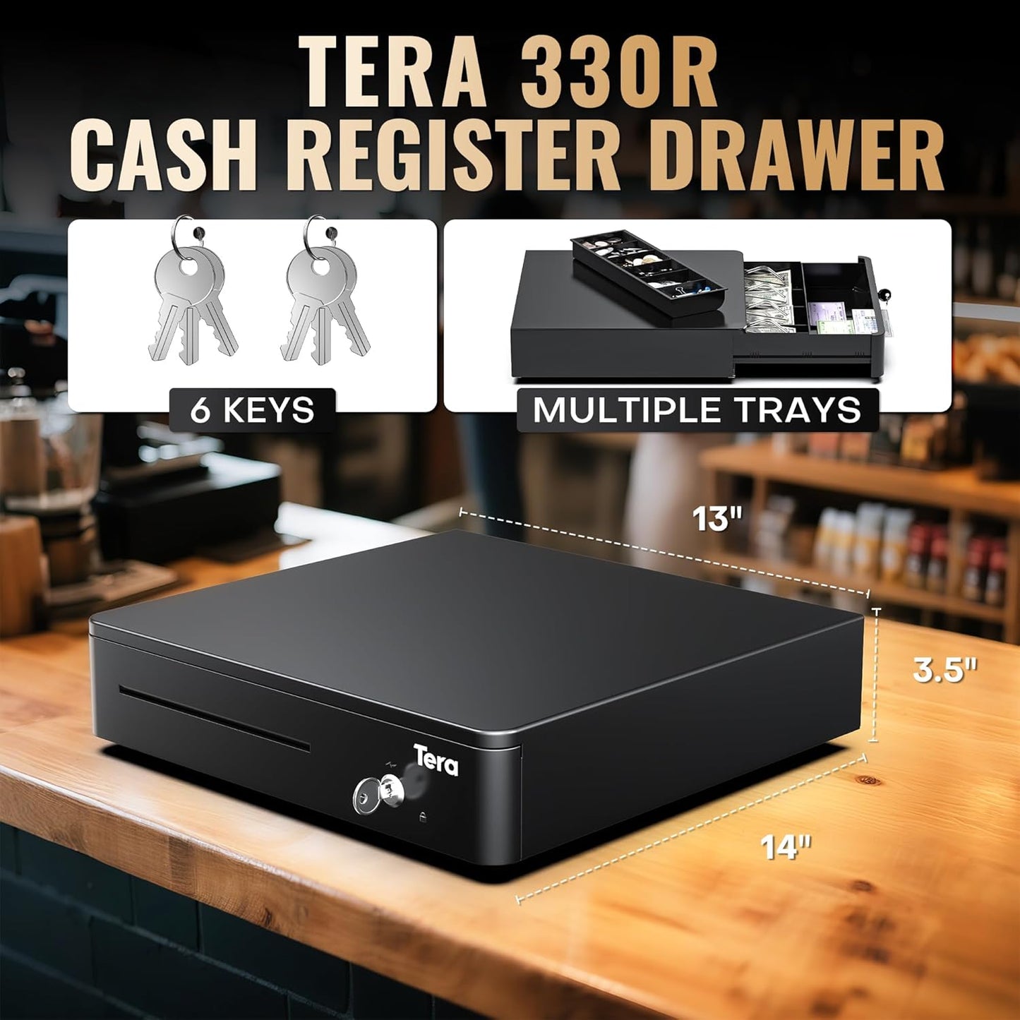 Tera 13" Auto Open Cash Register Drawer Heavy Duty Fully Removable Insert Tray 5 Keys 4 Bill 6 Coin Media Slot 24V RJ12 Key-Lock (Round Corner) for POS System Small Business 330R