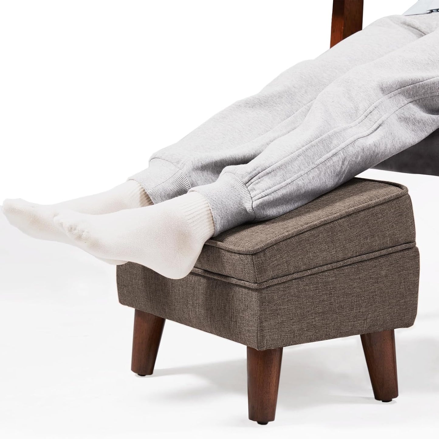 Small Footstool Ottoman with Adjustable Lid, Modern Storage Ottoman, Foot Rest for Couch, Foot Stool with Sturdy Wood Legs for Living Room, Bedroom, Enterway, Brown