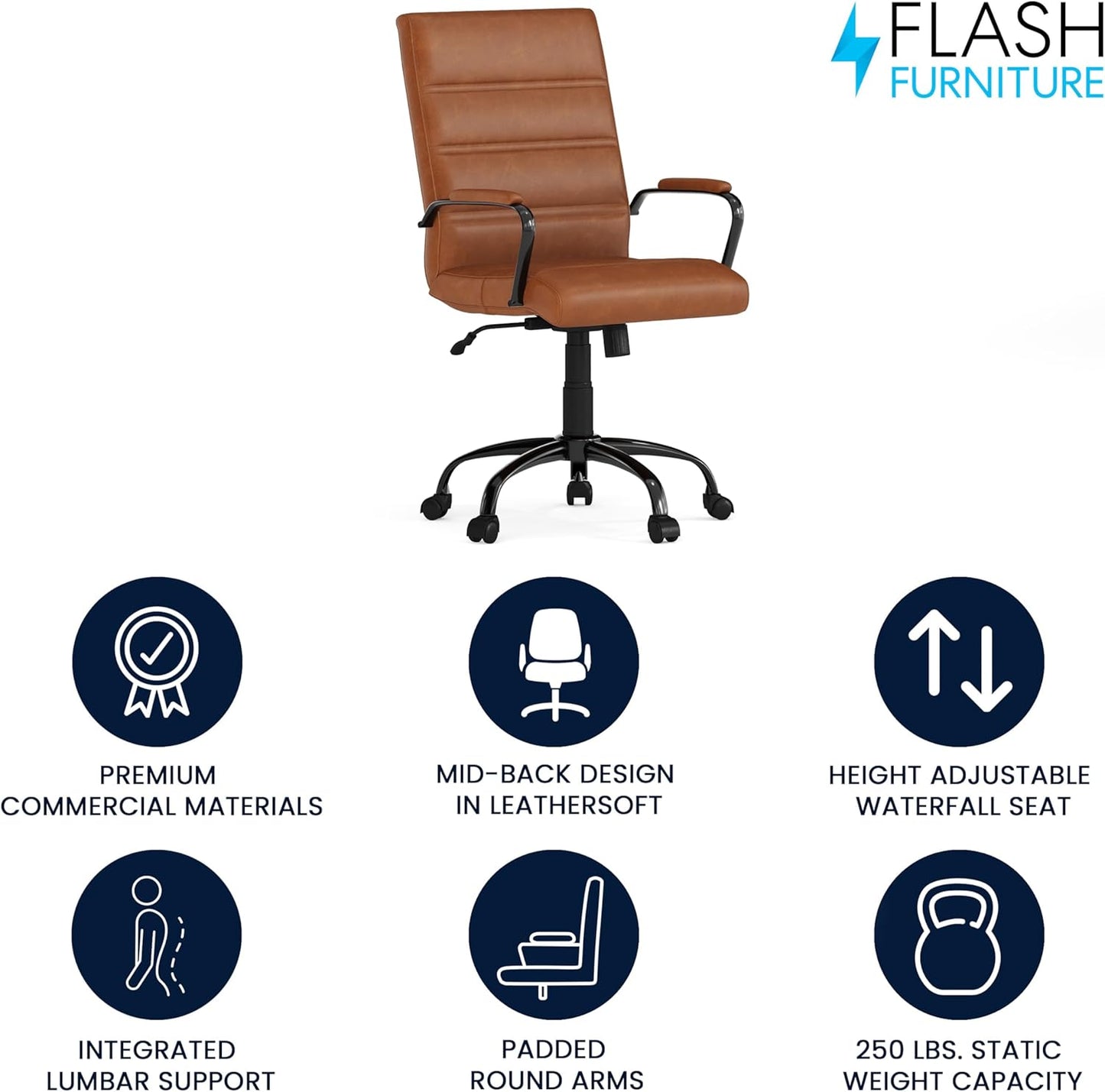 Flash Furniture Whitney Mid-Back Swivel Leather Desk Chair with Padded Seat and Armrests, Adjustable Height Padded Leather Office Chair, Brown/Black