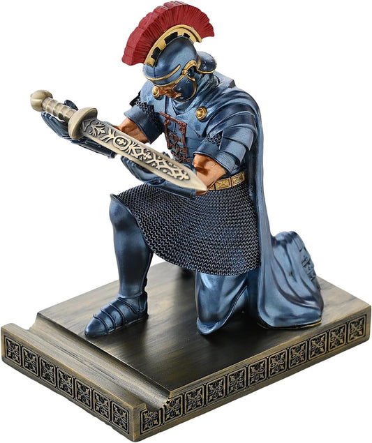 Roman Praetorian Prefect Warrior Knight Pen Holder Desk Ornament Resin Praetorian Guard Mobile Phone Stand Desk Accessories and Organizer for Office with a Letter Opener (Blue)