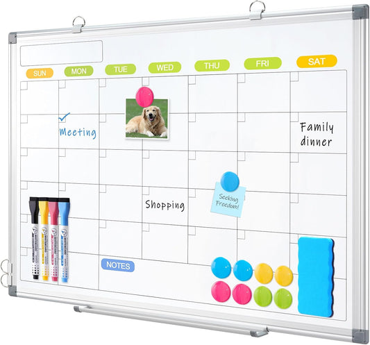 Dry Erase Calendar Whiteboard for Wall, WALGLASS 36" x 24" Magnetic White Board, Monthly Dry Erase Calendar with Silver Aluminum Frame, Double-Sided Hanging Portable Board for Office, Home, School