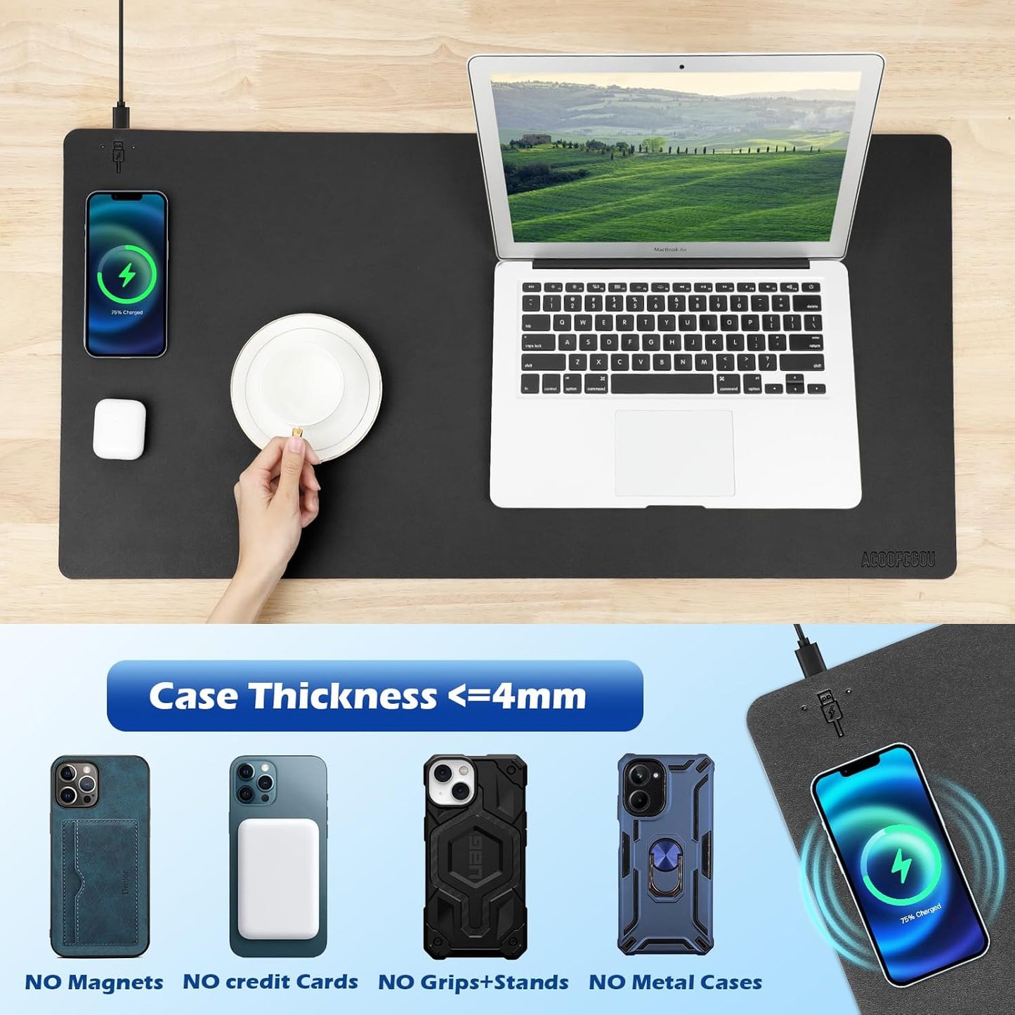 Wireless Charging Desk Mat with Desk Pad for Desktop Charging Large Mouse Pad Waterproof Leather Computer Mat Mouse Pad Non-Slip Protector on Top of Desks for Keyboard and Mouse (black-l, 36*17inch)
