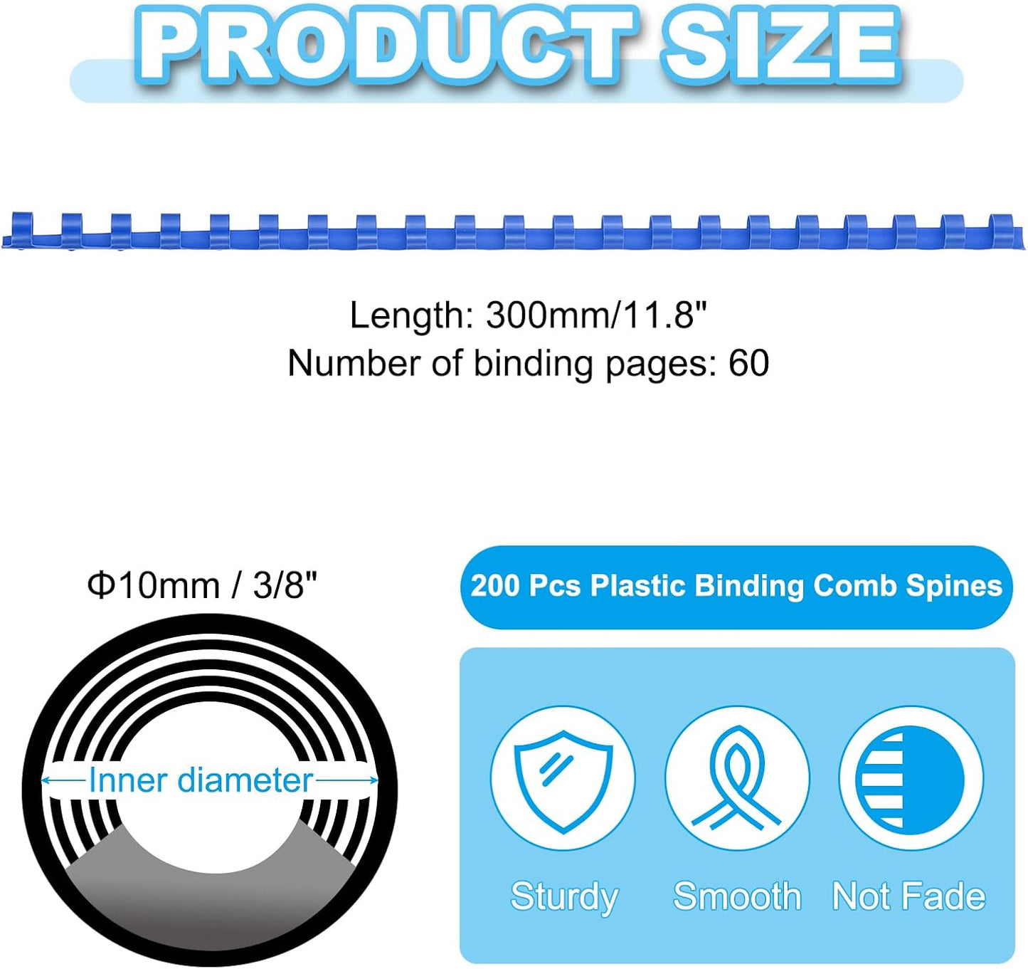 PATIKIL 10mm (3/8") Plastic Binding Combs, 200 Pcs 21 Rings Comb Binding Spines 60 Sheet Capacity Letter Size for Binding Paper Sheets Notebook Calendar Picture Album, Blue