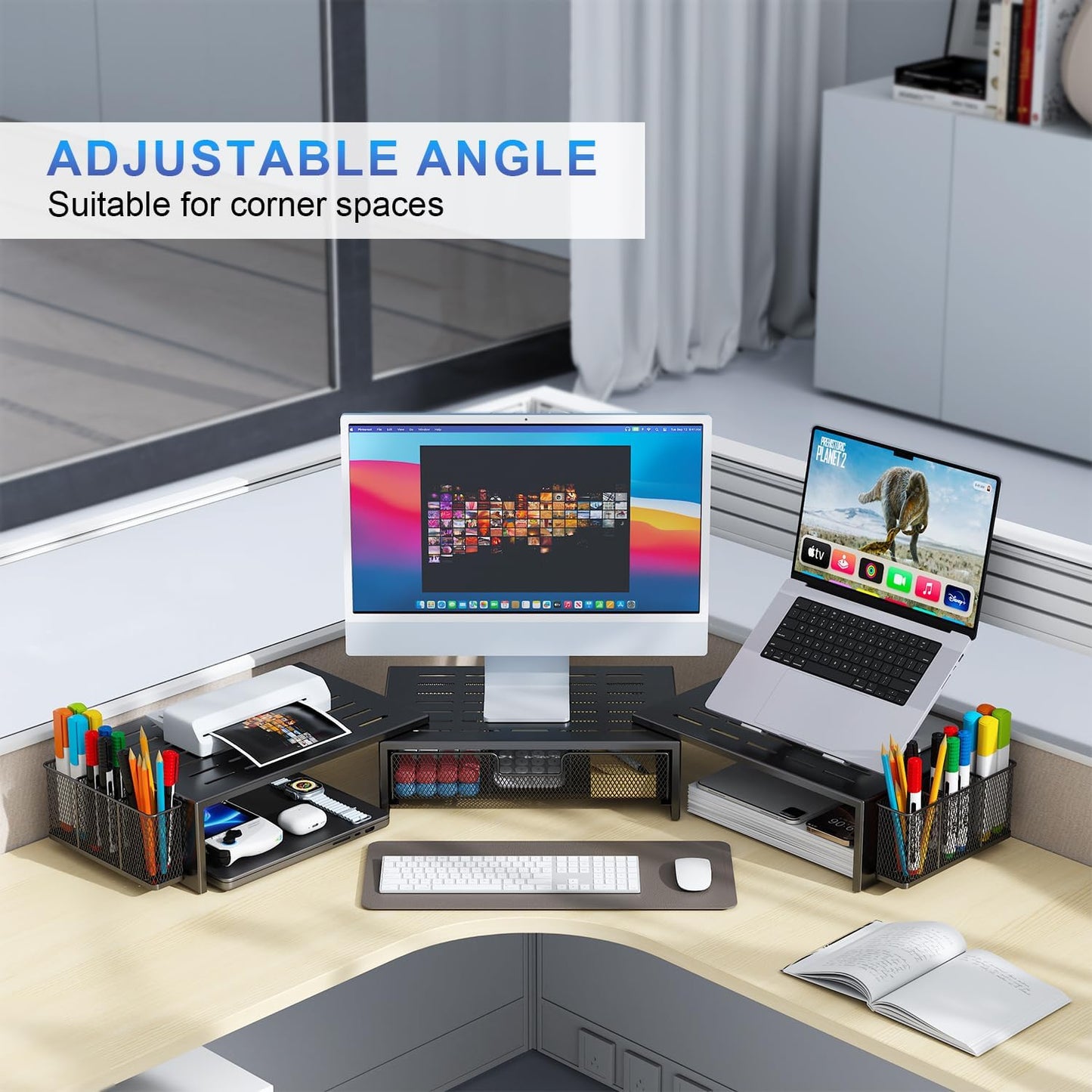 gianotter Computer Dual Monitor Stand Riser For Desk, Desk Organizers And Accessories With Drawer And 2 Pen Holder For Office, Home, School Supplies (Black)