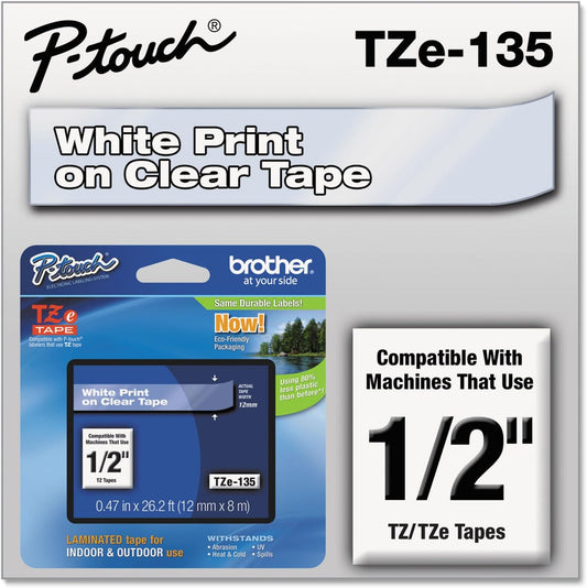 Brother Genuine P-Touch TZE-135 Tape, 1/2" (12 mm) Standard Laminated P-Touch Tape, White On Clear, Laminated for Indoor or Outdoor Use, Water-Resistant 26.2 ft (8 m), Single-Pack