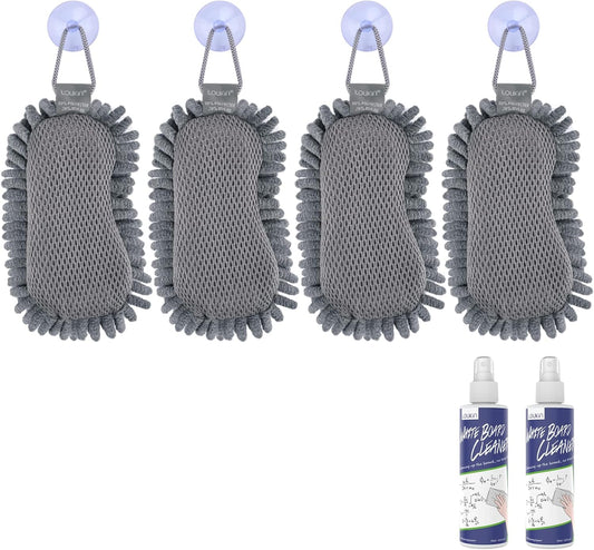 loukin Shag Dry Erase Eraser(4 Pack), Microfiber Whiteboard Eraser, Washable Glass Board Erasers, for Classroom, Home and Office Use (2 Bottles of 3.4 fl oz Whiteboard Cleaner Included)