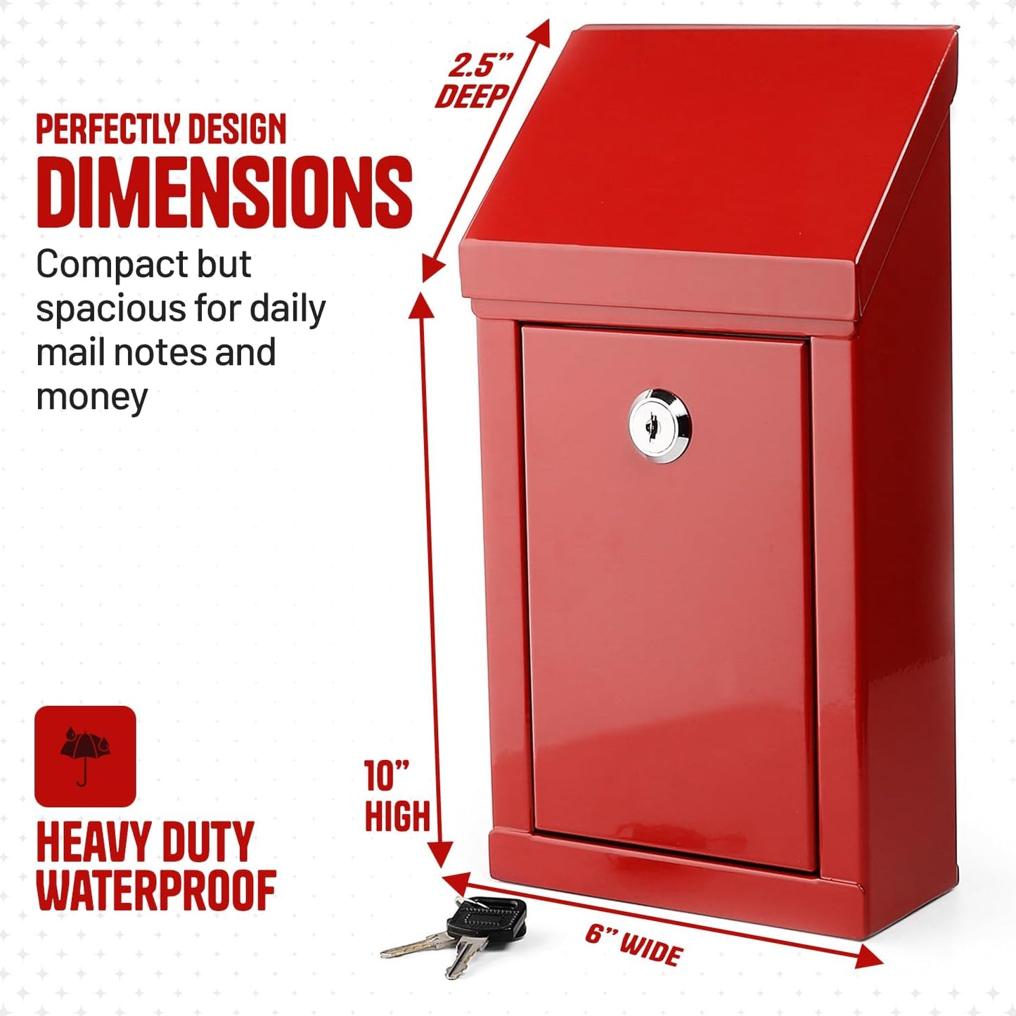 Metal Donation Box-Suggestion Box with Slot and lock-Cash Lock box for Money-Drop Box-outdoor waterproof mailbox and ballot box-comes with pre-drilled holes for easy wall mounting 10 X 6 X 2.5"(Red)