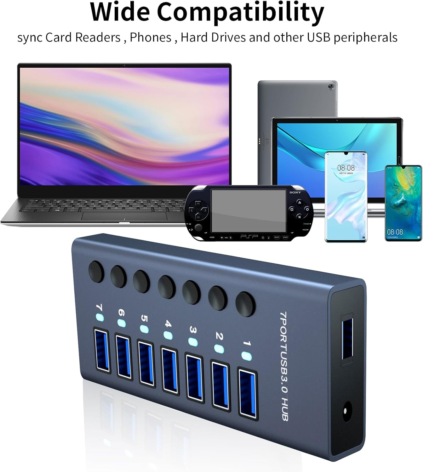 MaxLax 7 Port Aluminum USB 3.0 hub with 7 Port USB Data Transfer,36W (12V/3A) Power Adapter USB Splitter Independent Switch