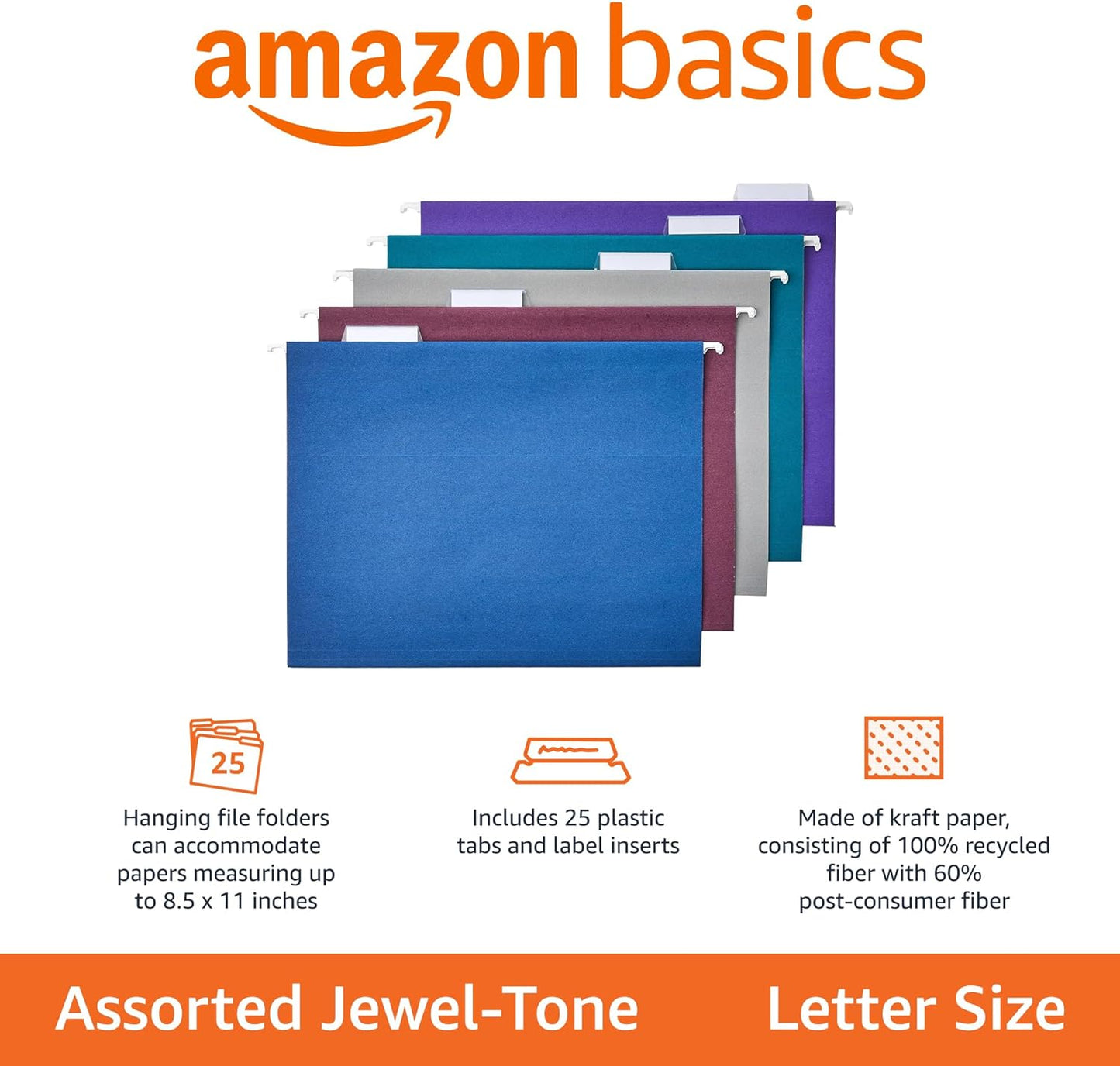 Amazon Basics Hanging File Folders, Sturdy, Letter Size, 25-Pack, Assorted Jewel-tone Colors