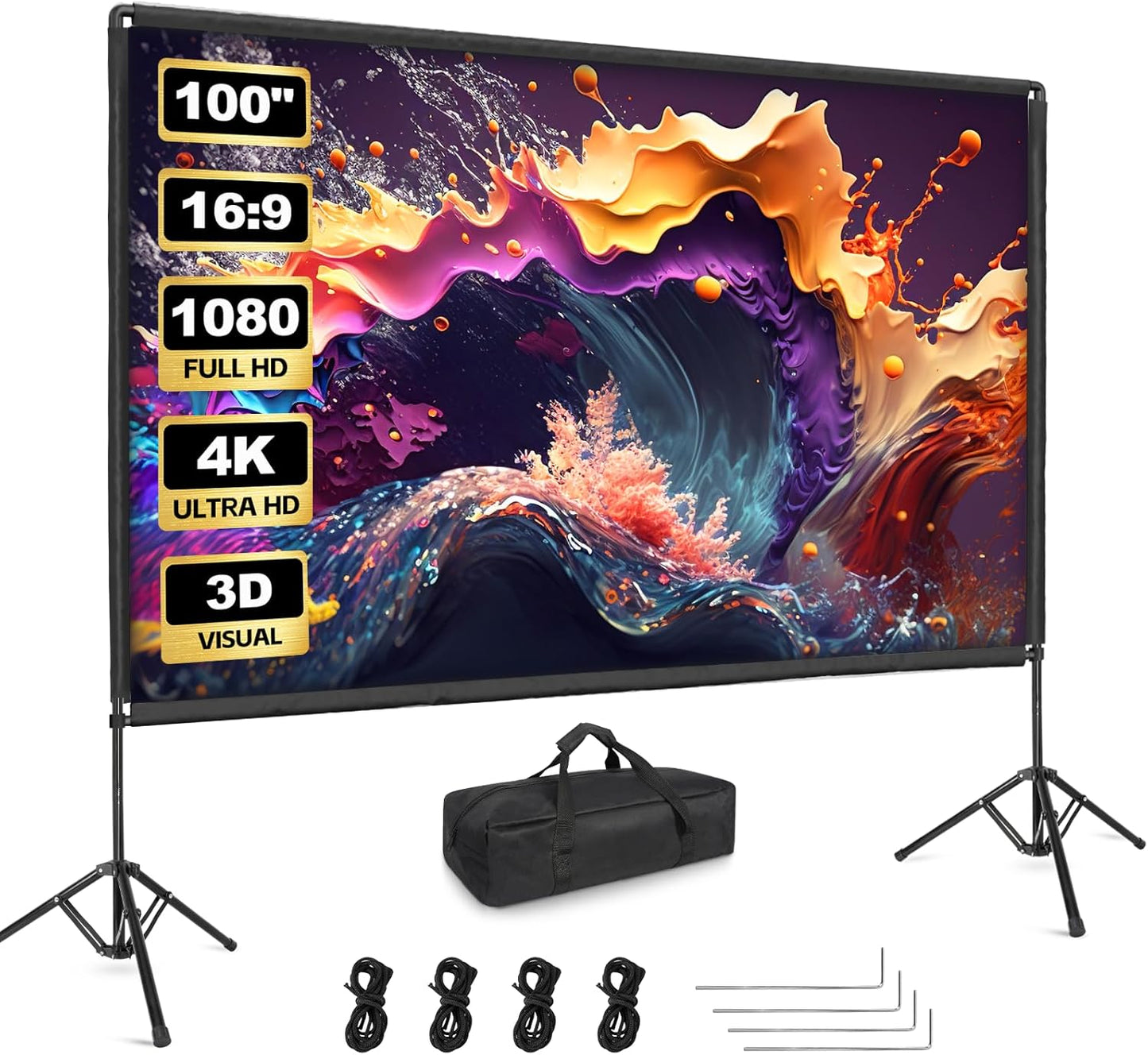 Projector Screen with Stand, Qoolfoto 100 Inch Portable Projector Screen & Tripod, Indoor Outdoor Projection Screen 16:9 4K HD Wrinkle-Free Movie Screen with Carry Bag for Backyard Party Home Theater