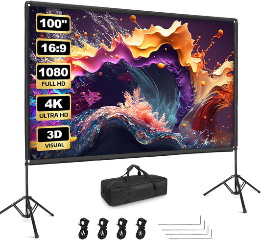 Projector Screen with Stand, Qoolfoto 100 Inch Portable Projector Screen & Tripod, Indoor Outdoor Projection Screen 16:9 4K HD Wrinkle-Free Movie Screen with Carry Bag for Backyard Party Home Theater