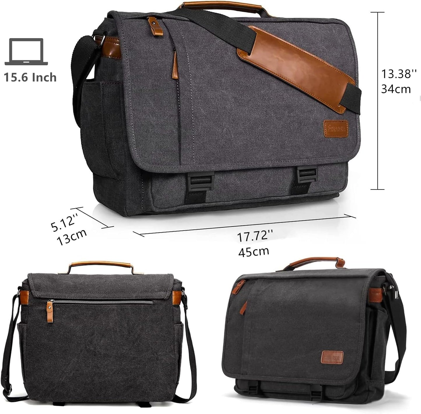 ESTARER Computer Messenger Bag 15-15.6 inch, Water-resistant Canvas Work Bag Briefcase, Laptop ShoulderSatchel with Buckles, Grey