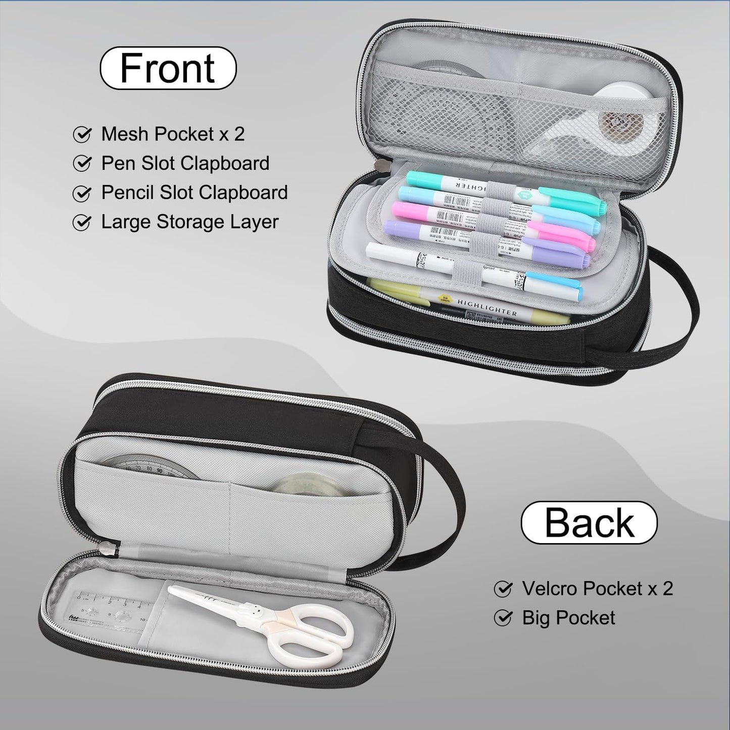 Pencil Case Large Zipper Pencil Pouch for Girls Kids Teens Adults Aesthetic Pencil Bag Stationery Organizer Pencil Case with Handle for School Black