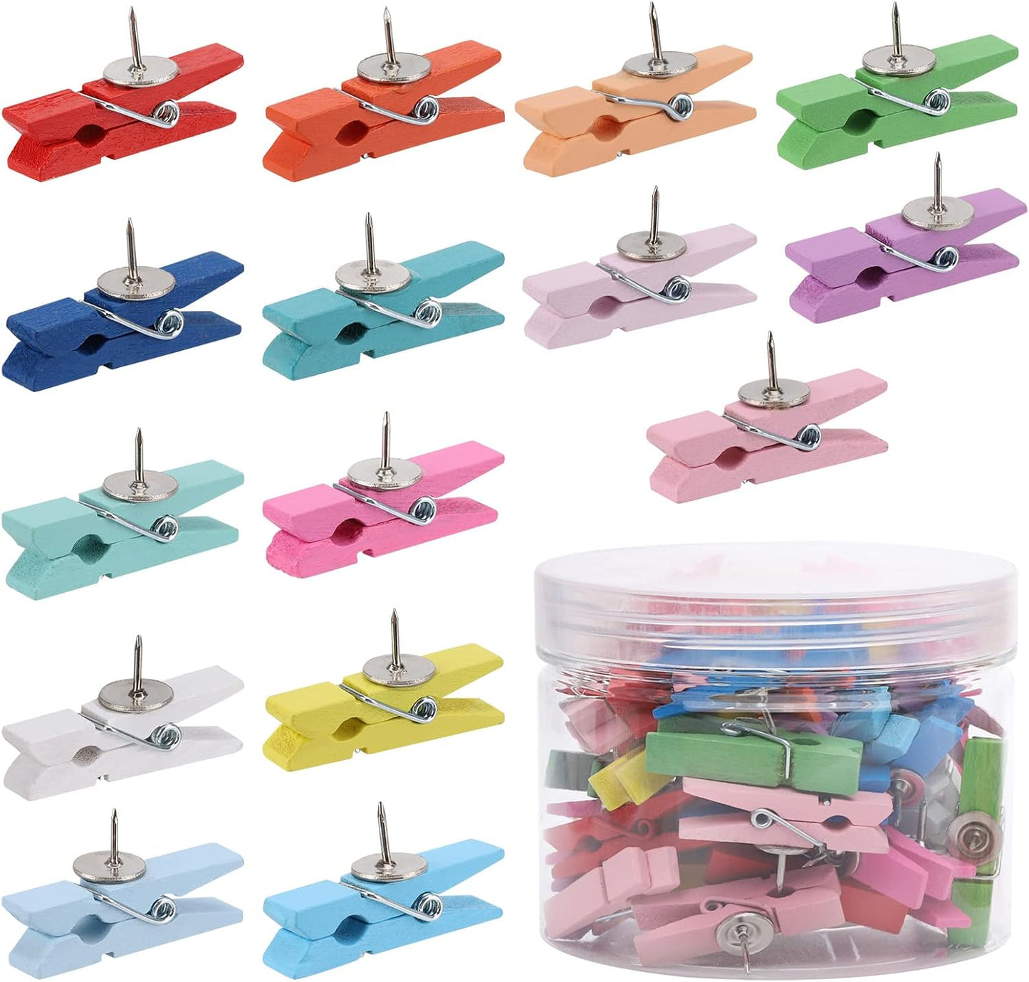 50Pcs Wooden Clips Push Pins Tacks for Cork Board Artwork for Crafts Arts Projects Photo Supplies(Colorful)