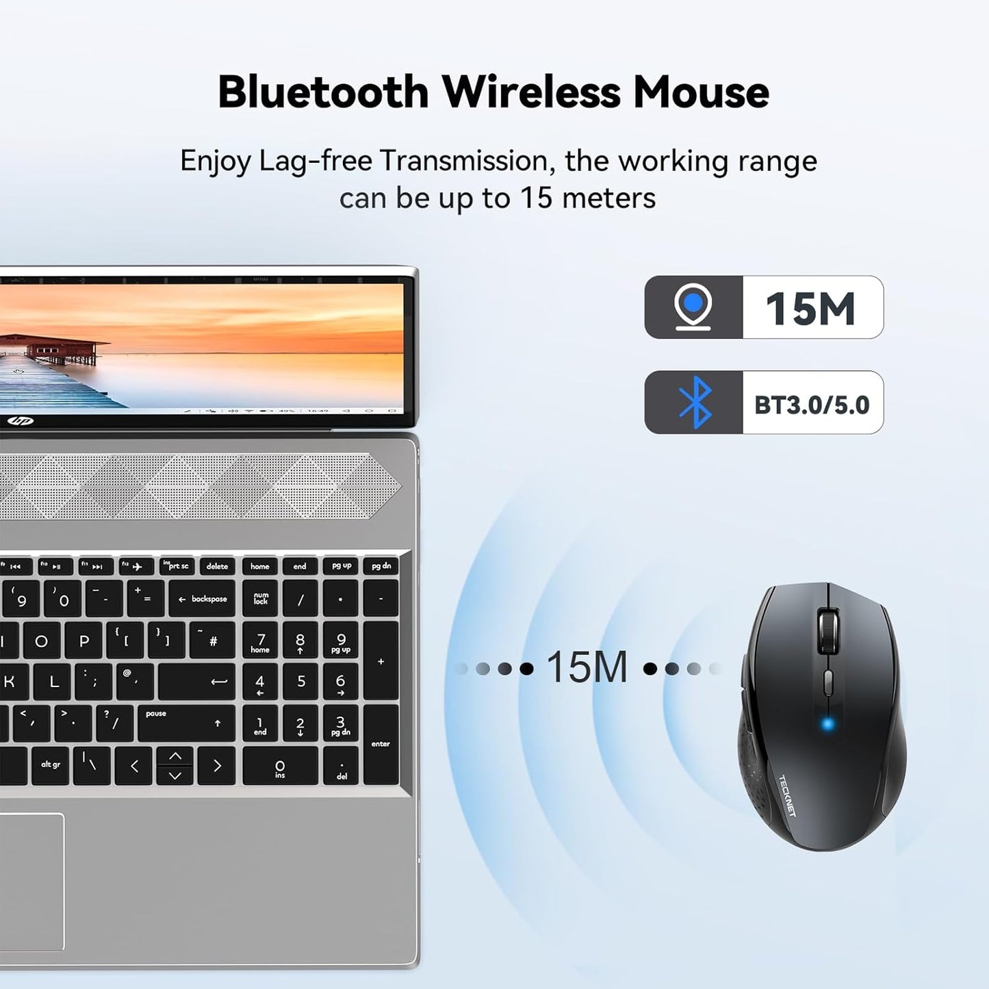 TECKNET Bluetooth Mouse, 4800 DPI Wireless Mouse, 2-Year Battery 6 Adjustable DPI, 6 Buttons Compatible with Laptop/Windows/Computer - Grey