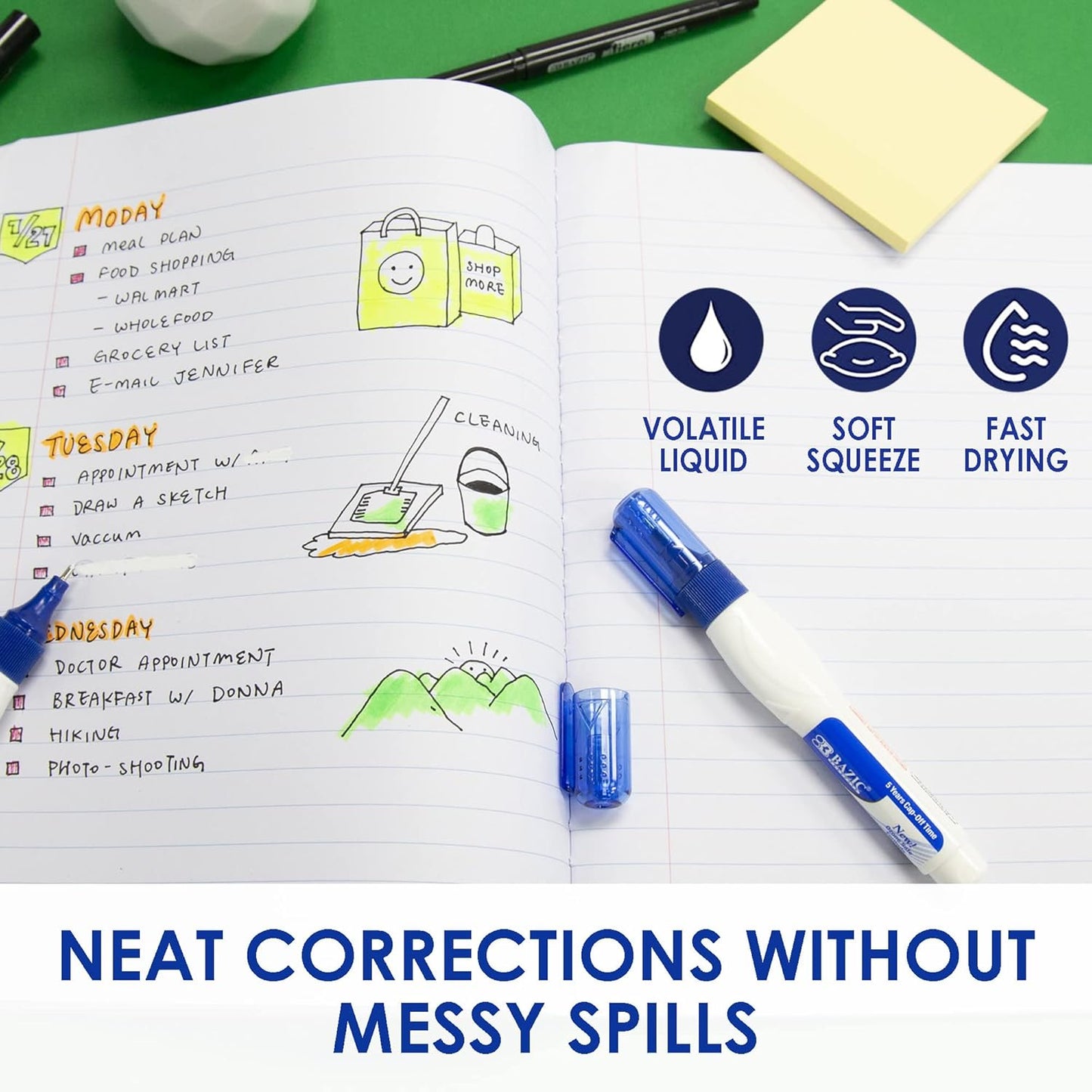 BAZIC Correction Pen, Precise Metal Tip Applicator, Fine Point Corrections Fluid, White Out Liquid (2/Pack), 144-Packs