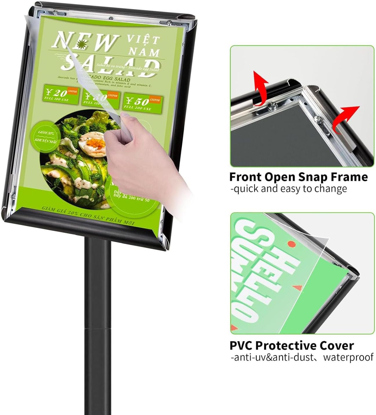 Heavy Duty Adjustable Pedestal Poster Sign Stand, 11x17 Aluminum Open Floor Standing Sign Holder for Vertical and Horizontal View Display, Black