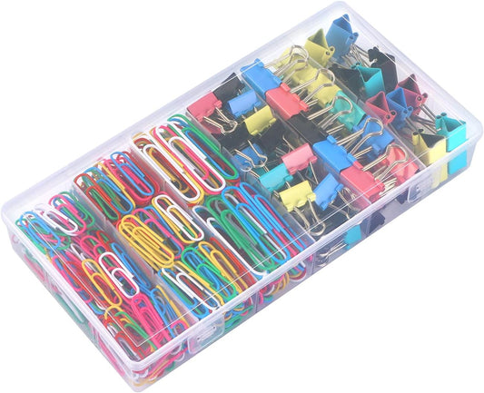 Paper Clips Binder Clips, 400 Pcs Colored Office Clips Set, Assorted Sizes Colored Paper Clips and Binder Clips Set Great for Document Organizing