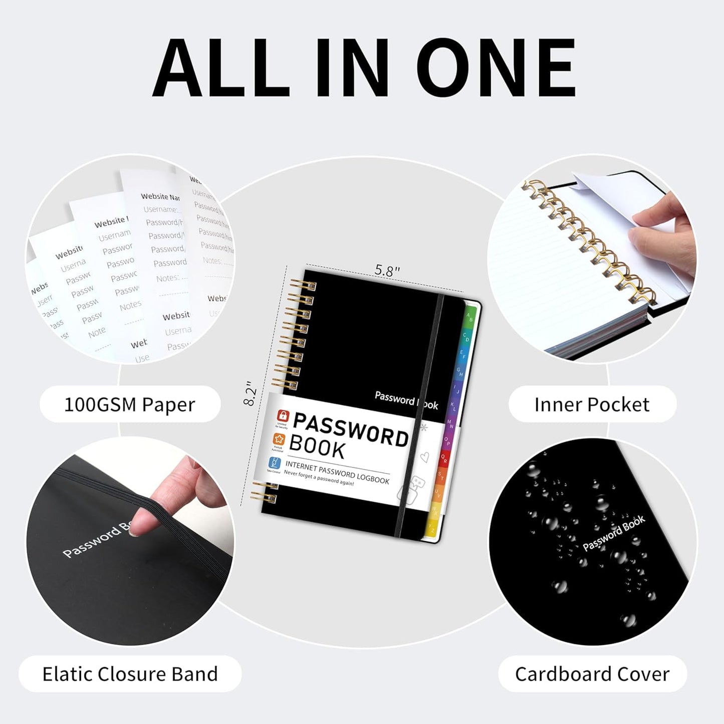 Password Book with Alphabetical Tabs, Password Keeper Book for Seniors, 5.8" X 8.2" Medium Size Password Notebook, Individual & Colorful Tabs, Spiral Hardcover Password Journal Logbook for Website Logins, Black