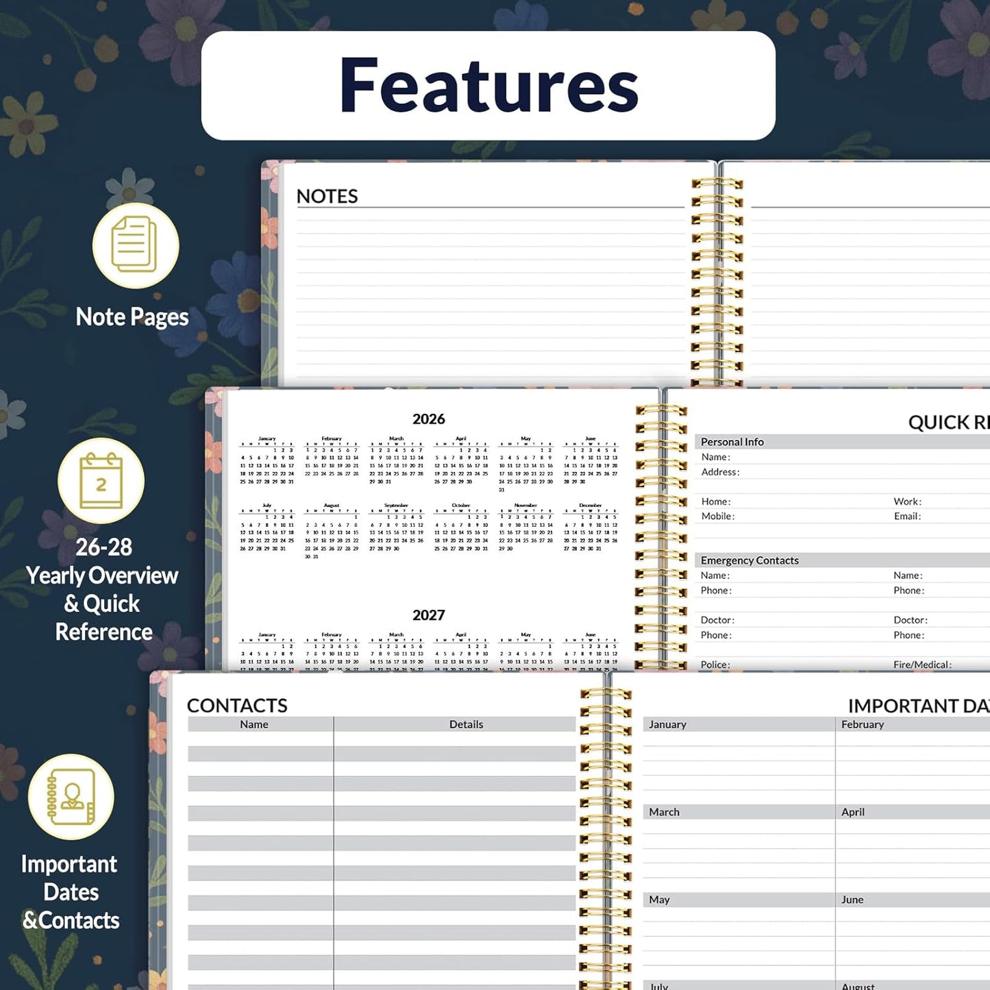SUNEE 2026 Weekly and Monthly Planner - from January 2026 - December 2026, 8.5"x11" Daily Agenda Planner with Monthly Tab, Flexible Cover, Note Pages, Pockets, Bookmark, Spiral Binding, Navy Flower