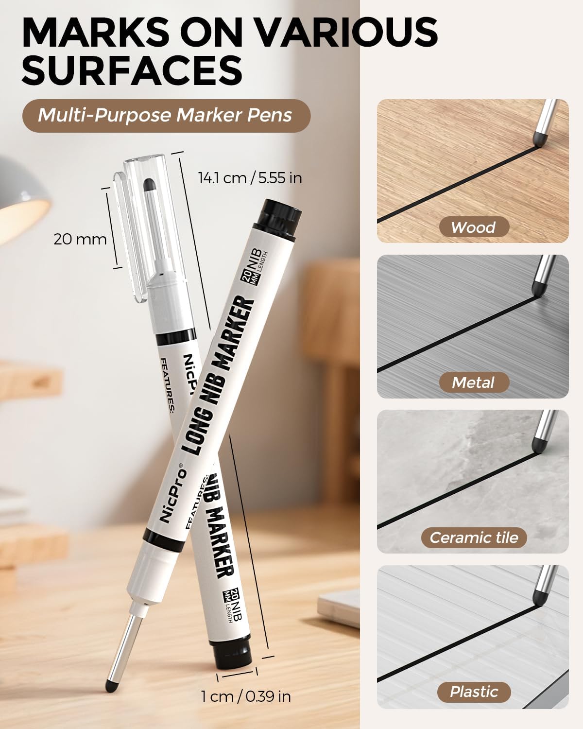 Nicpro 72 PCS Long Nib Marker Pens, 20mm Deep Hole Markers Bulk, Quick Dry & Waterproof Construction Marker, Long Head Mark Pens for Metal, Steel, Tile, Glass, Carpenter Marking Tool for Woodworking